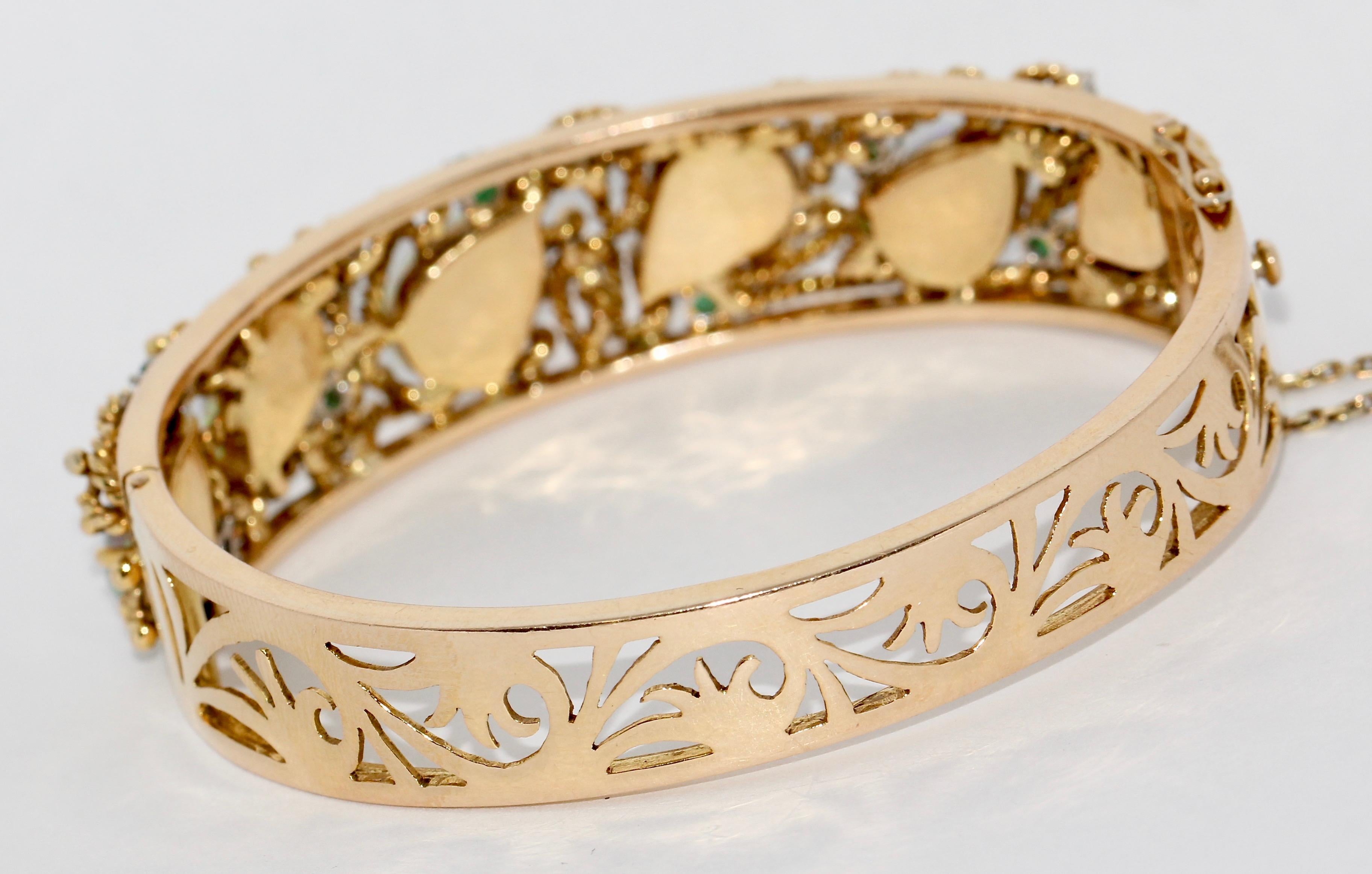 Women's 14 Karat Gold Bangle, Bracelet, with Opals, Diamonds and Emeralds
