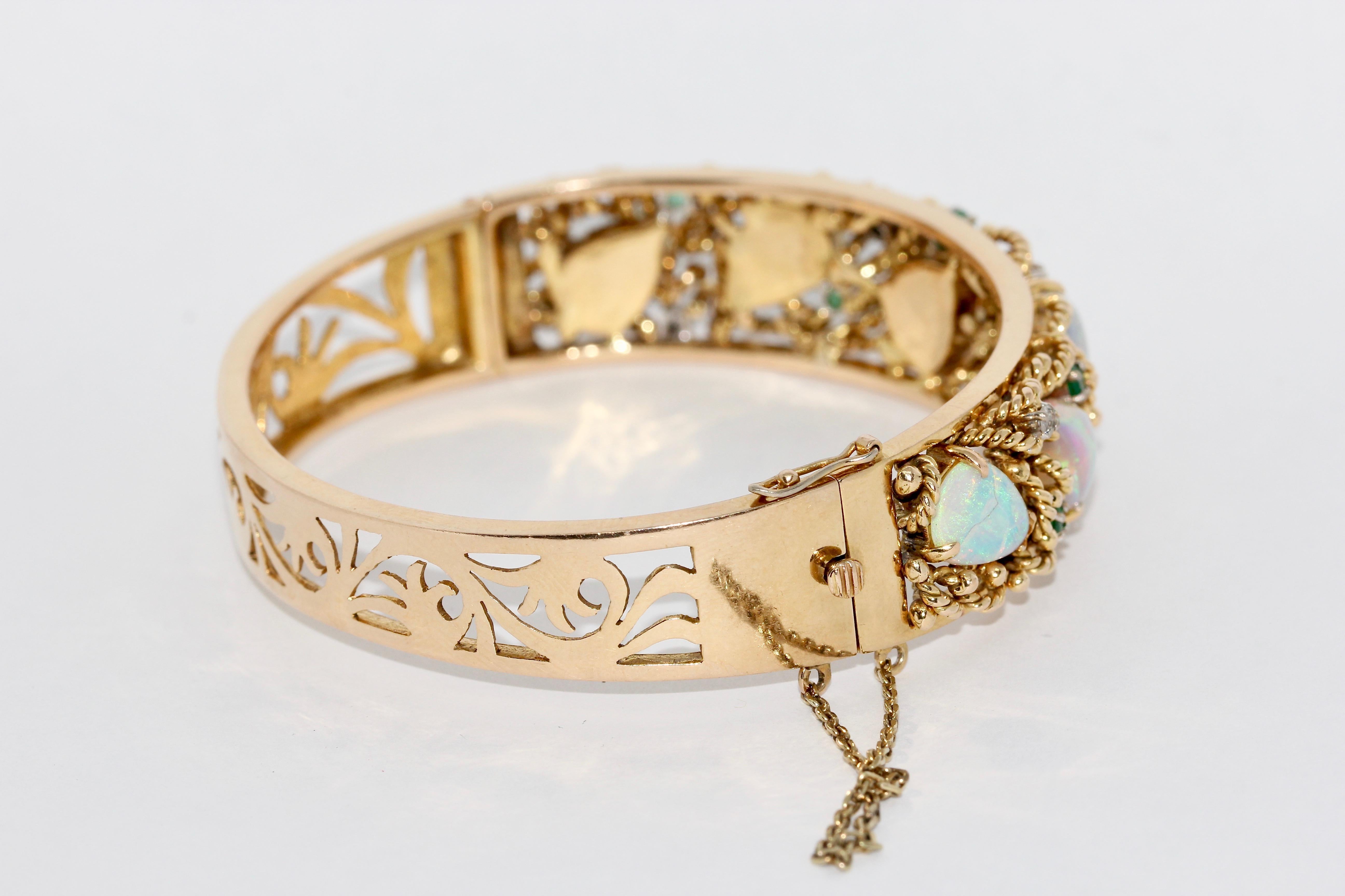 14 Karat Gold Bangle, Bracelet, with Opals, Diamonds and Emeralds 1