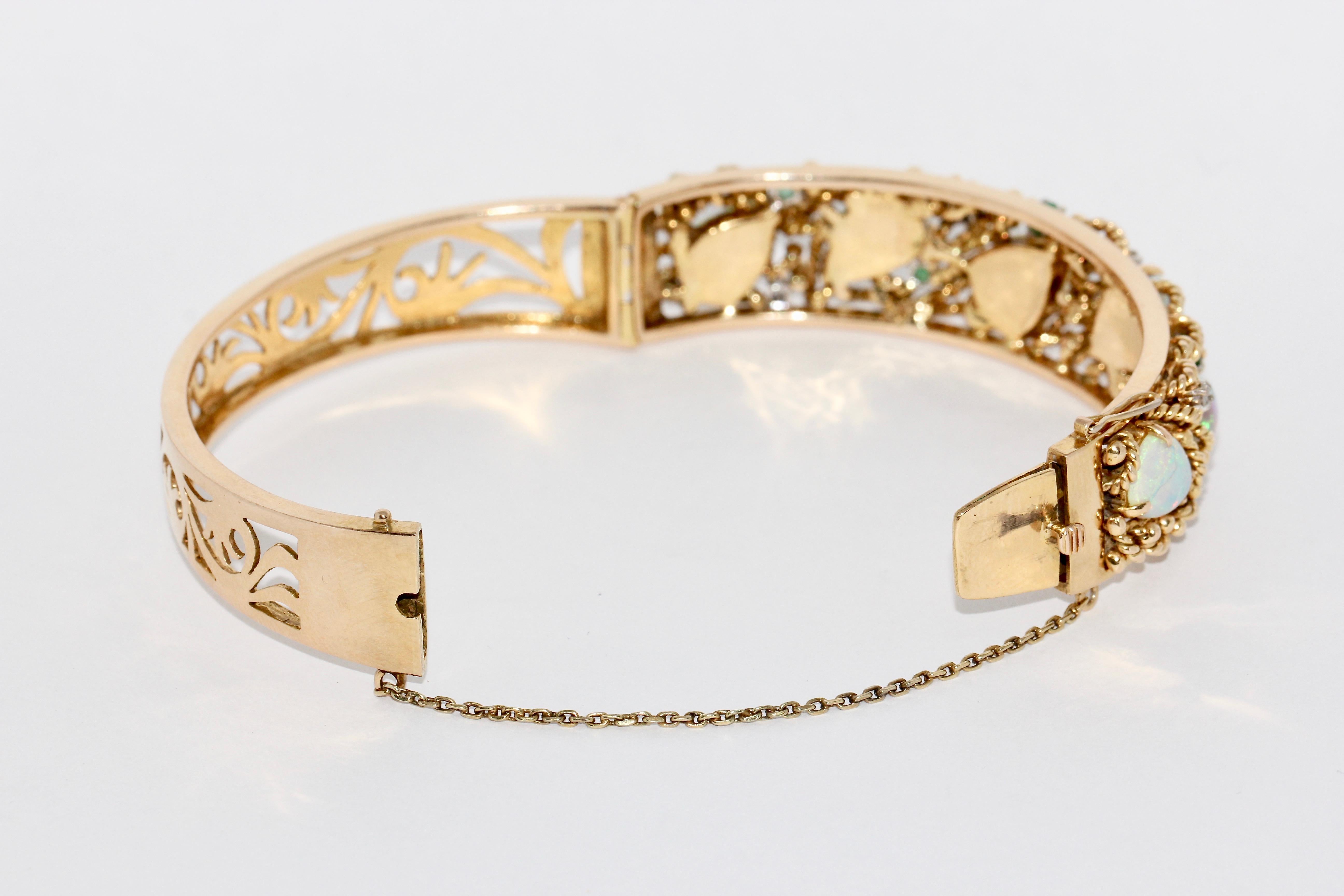 14 Karat Gold Bangle, Bracelet, with Opals, Diamonds and Emeralds 2