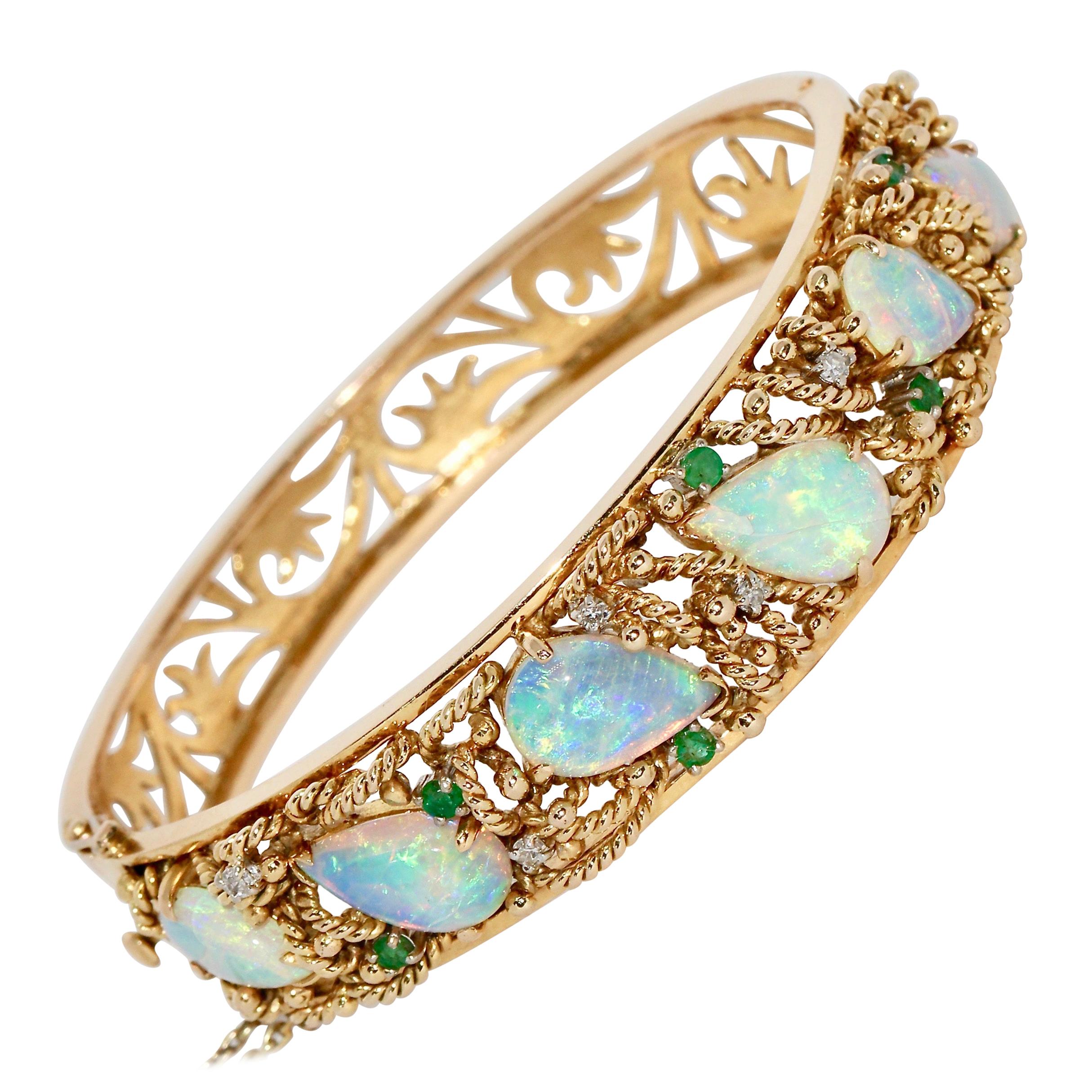 14 Karat Gold Bangle, Bracelet, with Opals, Diamonds and Emeralds