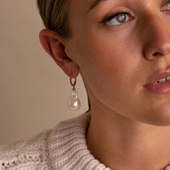 14 Karat Gold Baroque Pearl and Flame Orange Sapphire Earrings