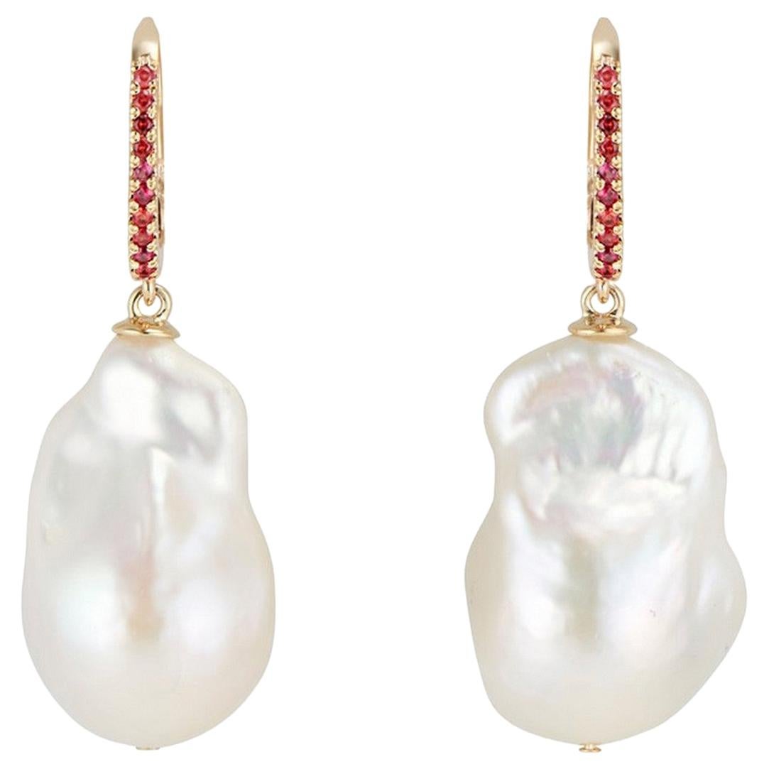 14 Karat Gold Baroque Pearl and Flame Orange Sapphire Earrings For Sale