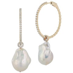 14 Karat Gold Baroque Pearl Detachable Diamond Hoops