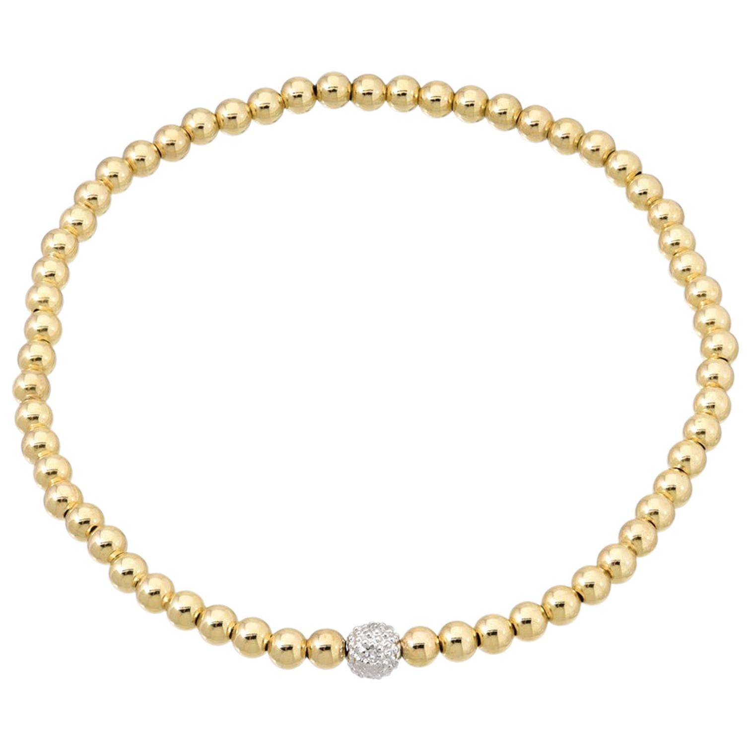 14 Karat Gold Bead Bracelet with Diamond Bead For Sale