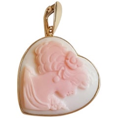 14 Karat Gold Bezel Heart Pink Shell Cameo Pendant, Designer M+M Scognamiglio