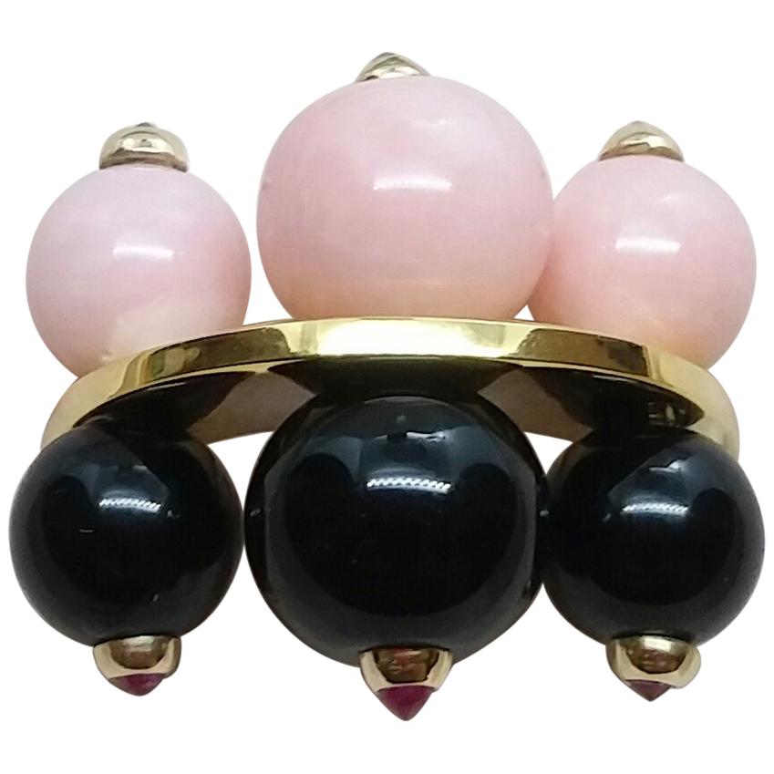 14 Karat Gold Black Onyx and Pink Opal Round Beads Rubies Black Diamonds Ring