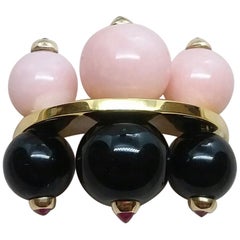 14 Karat Gold Black Onyx and Pink Opal Round Beads Rubies Black Diamonds Ring
