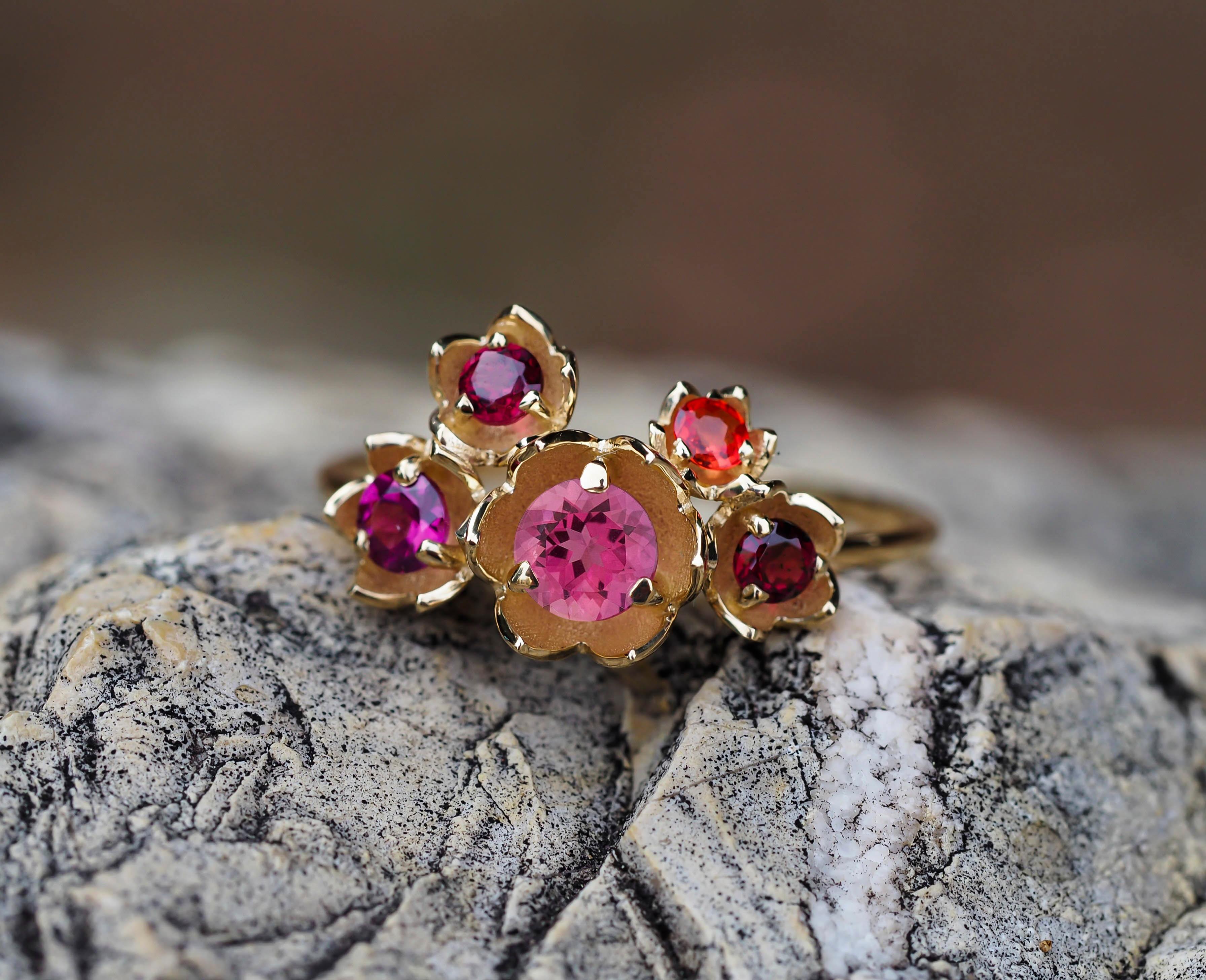 14 Karat Gold Blossom Ring with Multicolored Gemstones, Pink Tourmaline Ring 4
