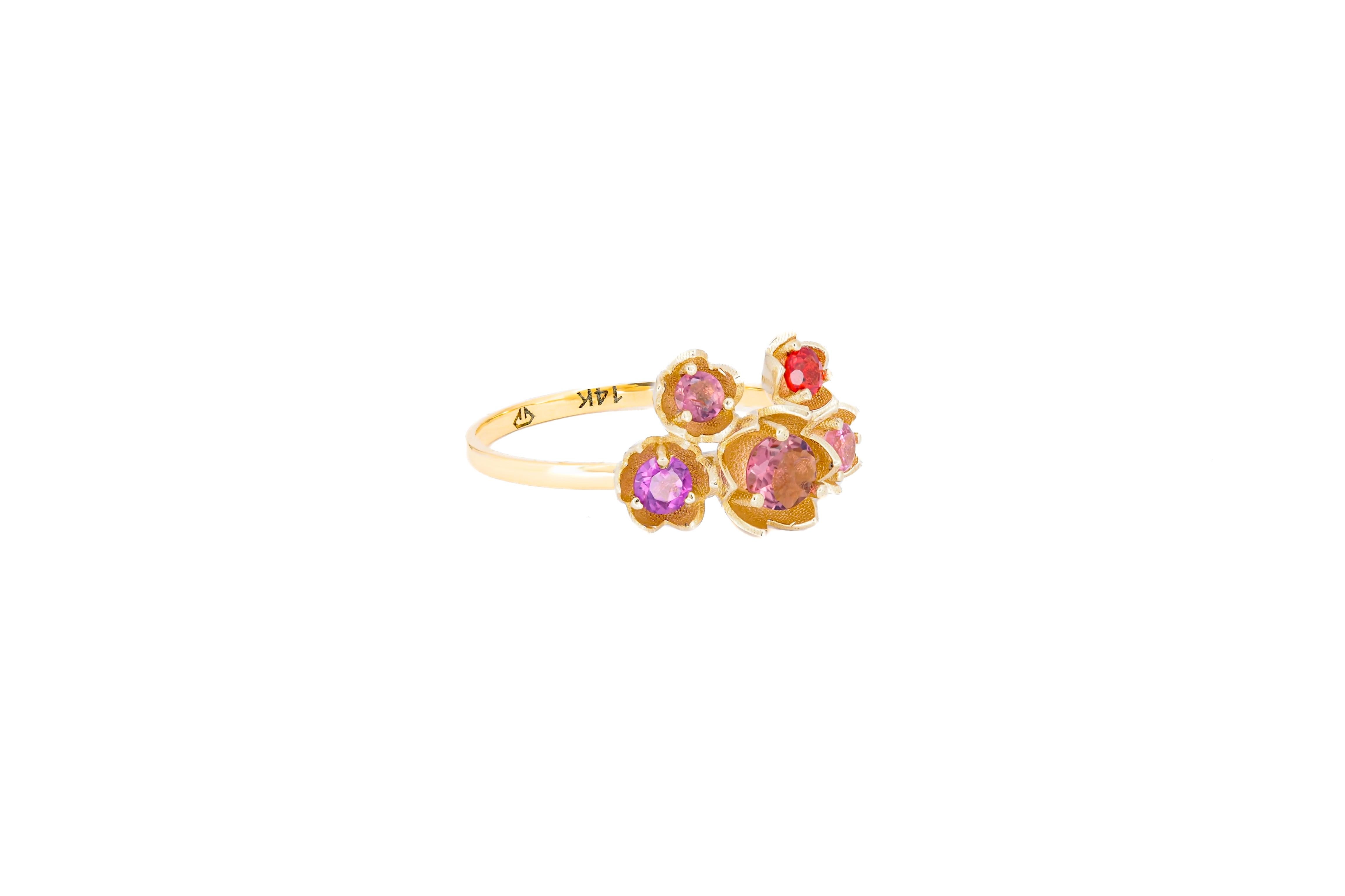 For Sale:  14 karat gold Blossom ring with multicolored gemstones. Pink Tourmaline ring 2