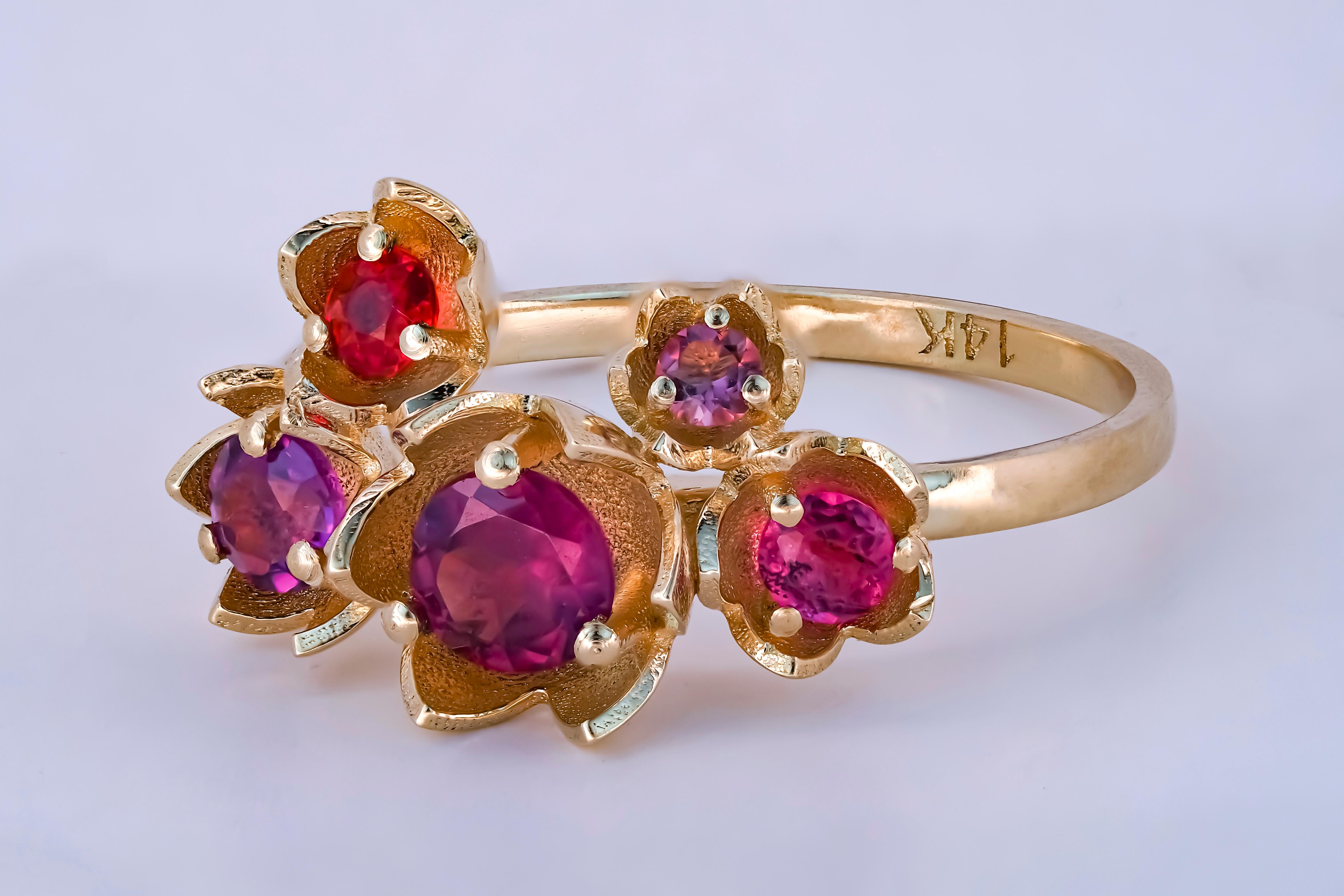 14 karat gold Blossom ring with pink gemstones. Flower bouquet gold ring. Pink tourmaline ring. Tourmaline, sapphires, amethyst ring
Weight: 1.8 g.
Gold - 14k gold
Central stone: tourmaline
Cut: round
Weight: aprx 0.52 ct.
Color: pink
Clarity: