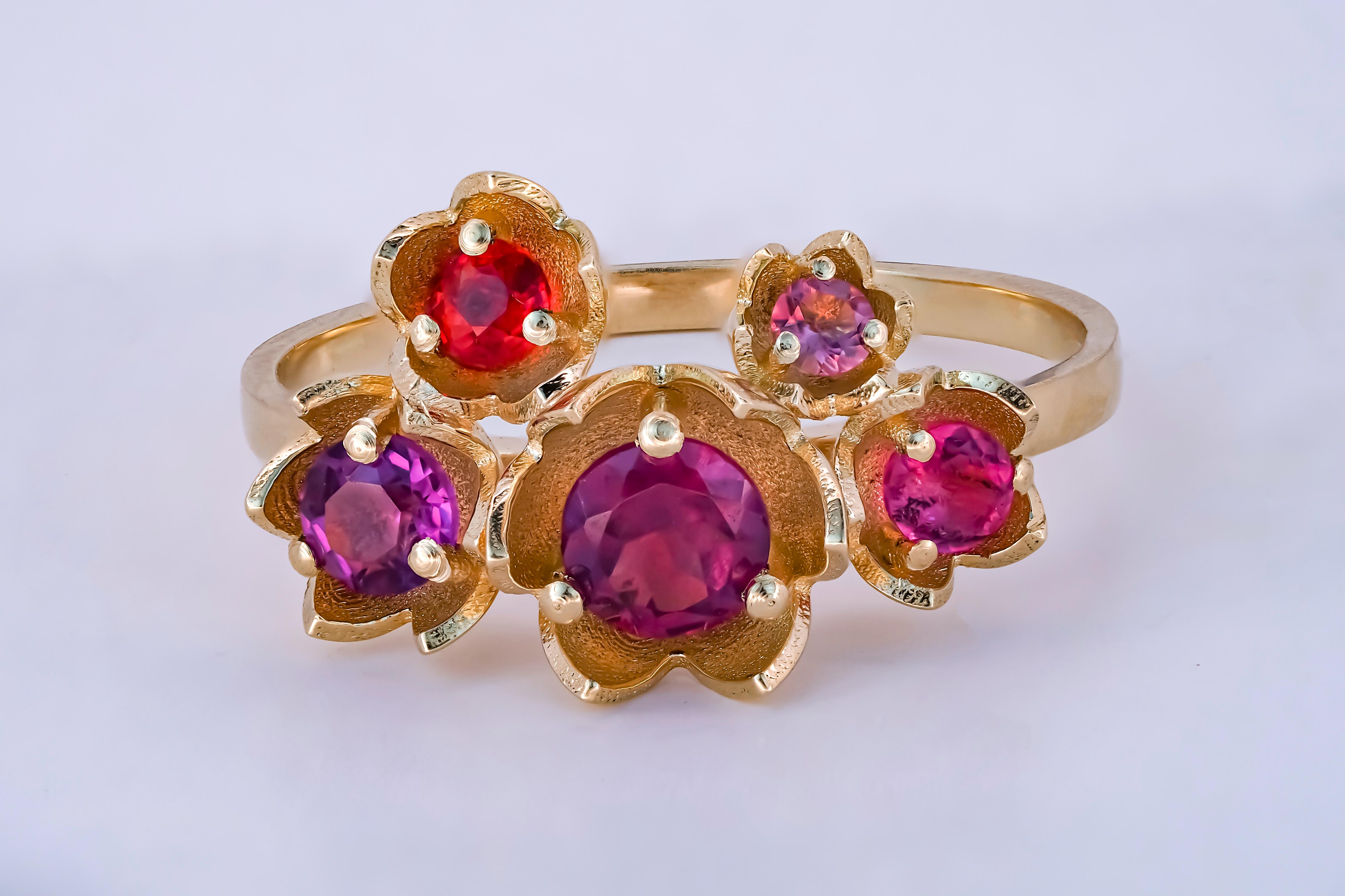 Modern 14 Karat Gold Blossom Ring with Multicolored Gemstones, Pink Tourmaline Ring