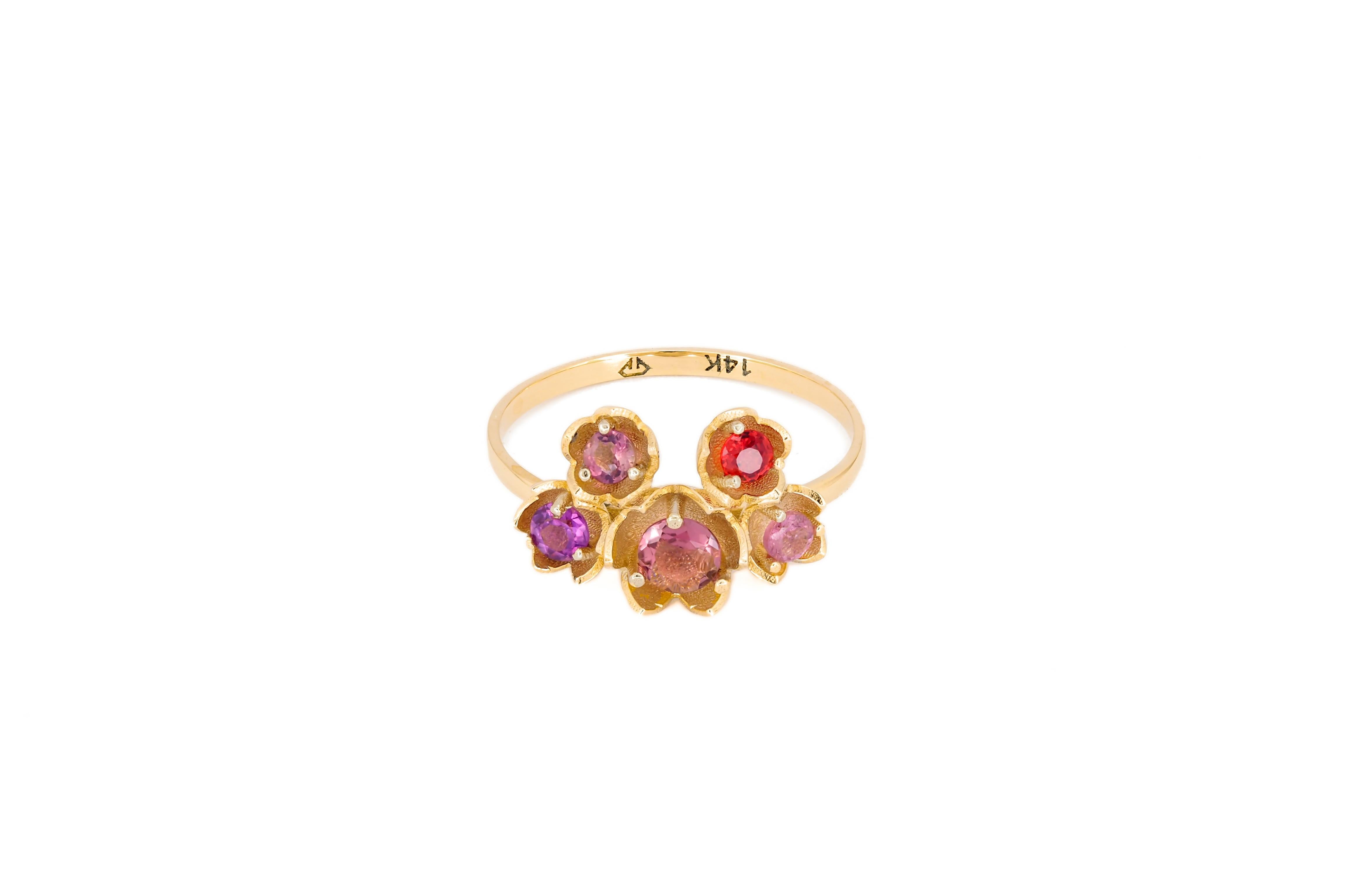 For Sale:  14 karat gold Blossom ring with multicolored gemstones. Pink Tourmaline ring 4