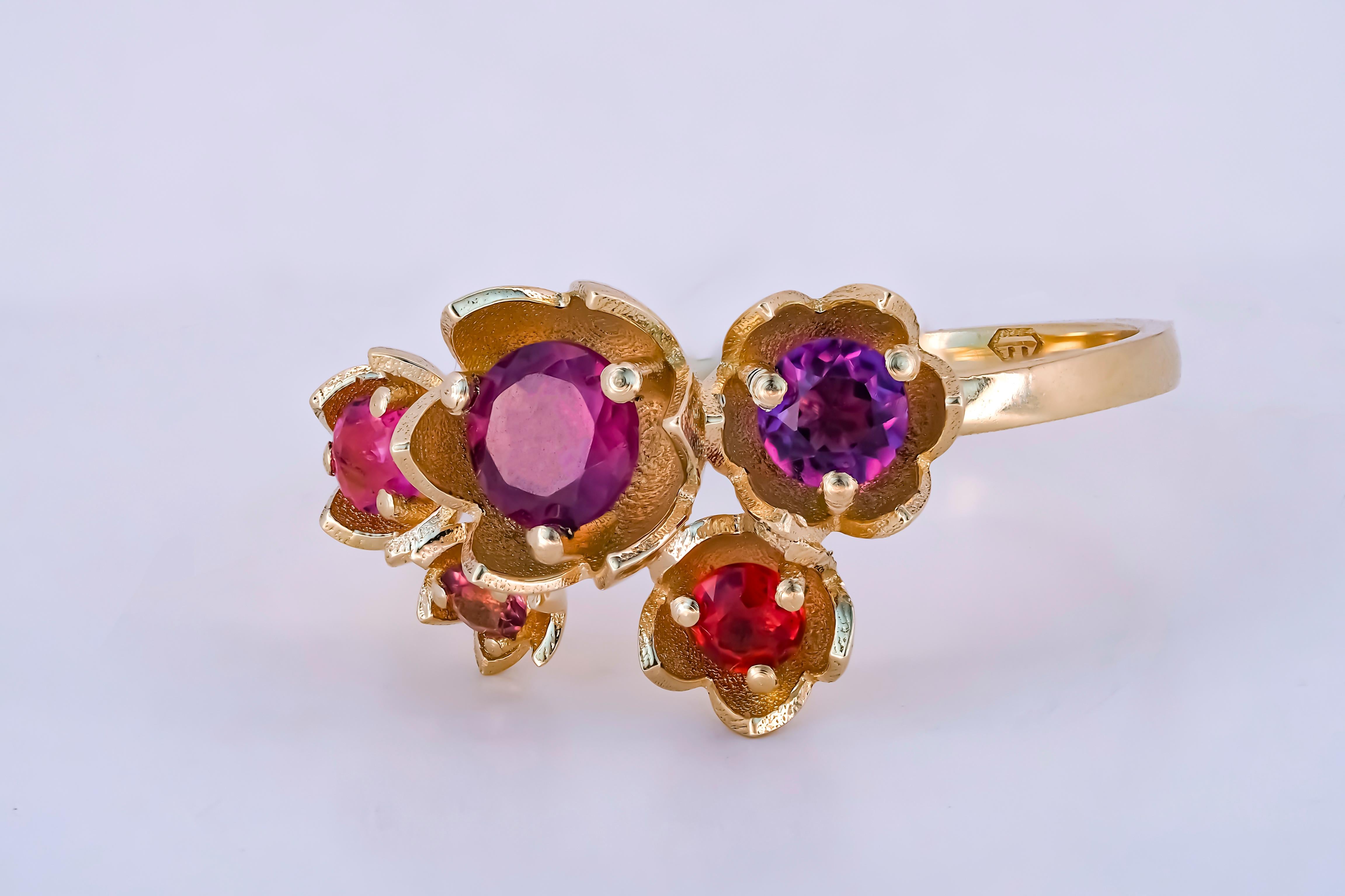 Round Cut 14 Karat Gold Blossom Ring with Multicolored Gemstones, Pink Tourmaline Ring