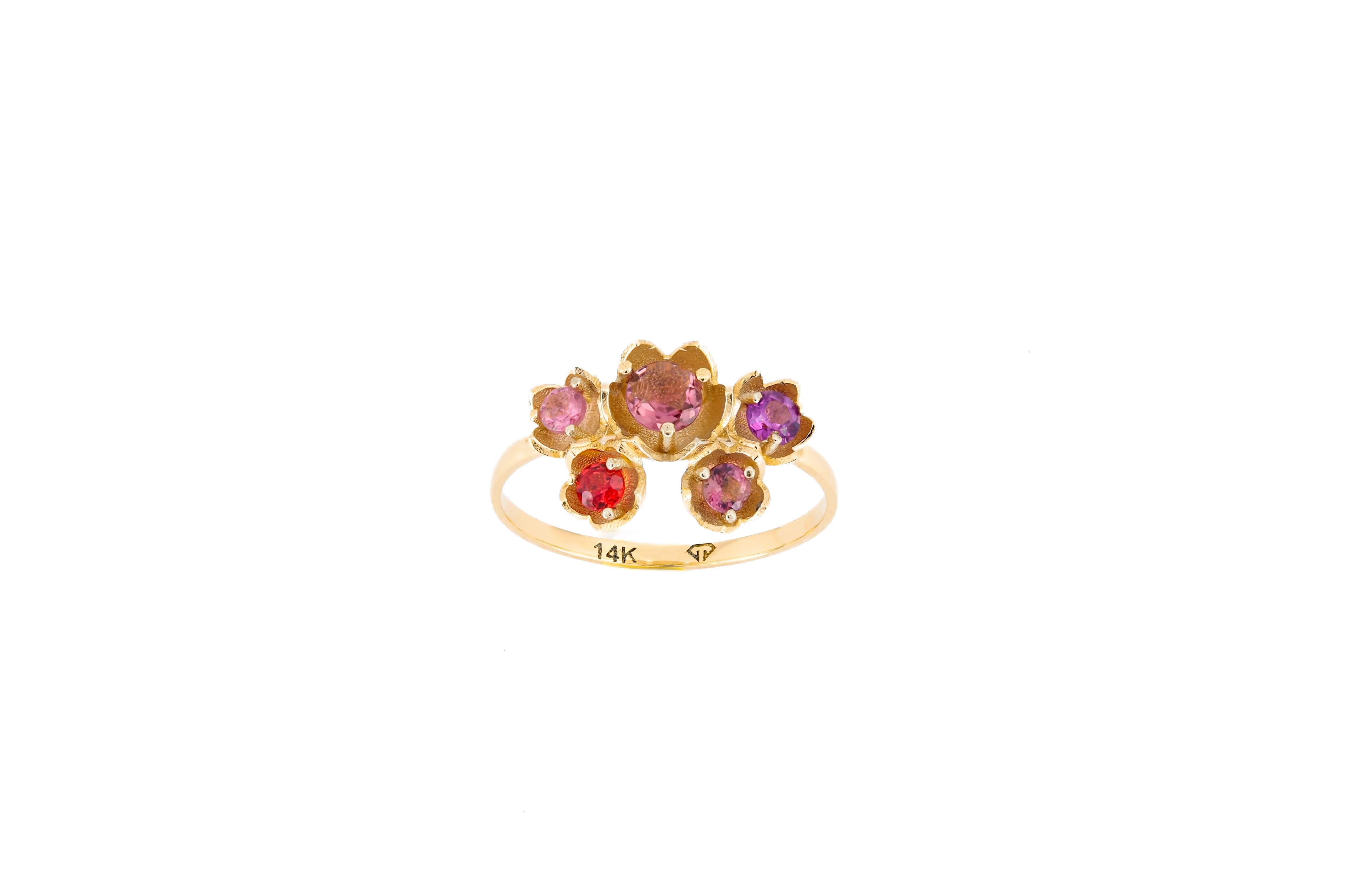 For Sale:  14 karat gold Blossom ring with multicolored gemstones. Pink Tourmaline ring 5