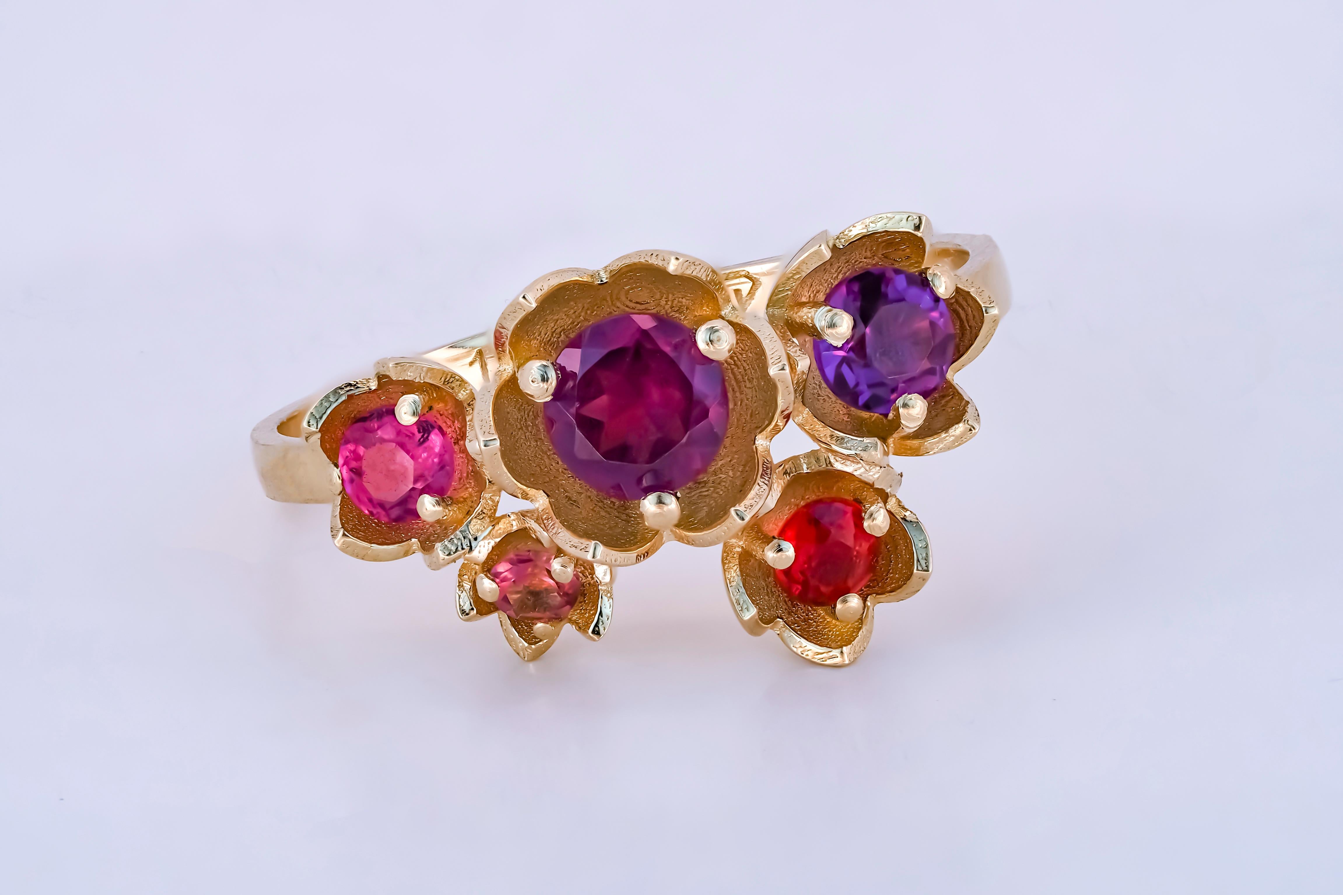 14 Karat Gold Blossom Ring with Multicolored Gemstones, Pink Tourmaline Ring In New Condition In Istanbul, TR