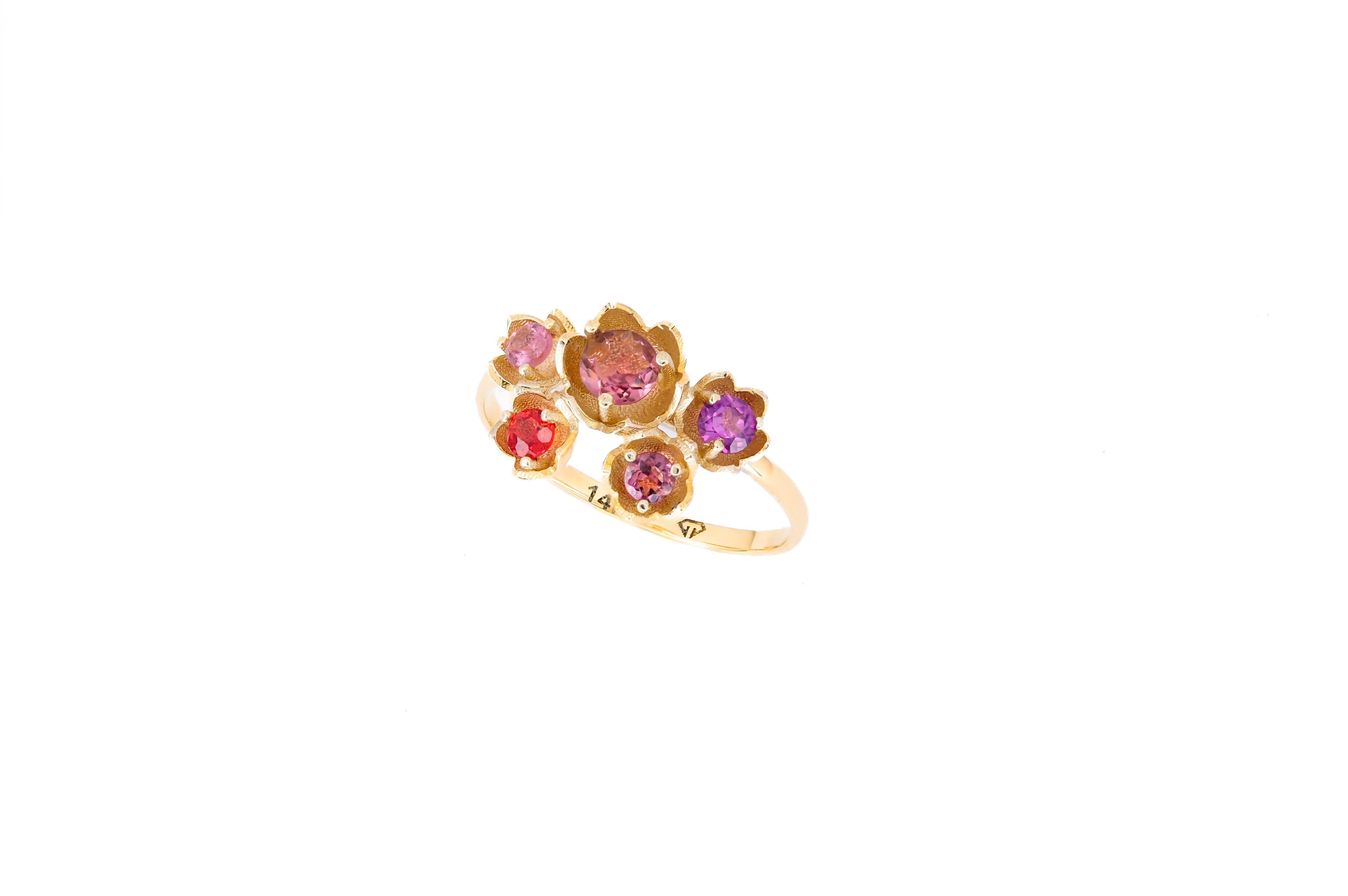 For Sale:  14 karat gold Blossom ring with multicolored gemstones. Pink Tourmaline ring 6