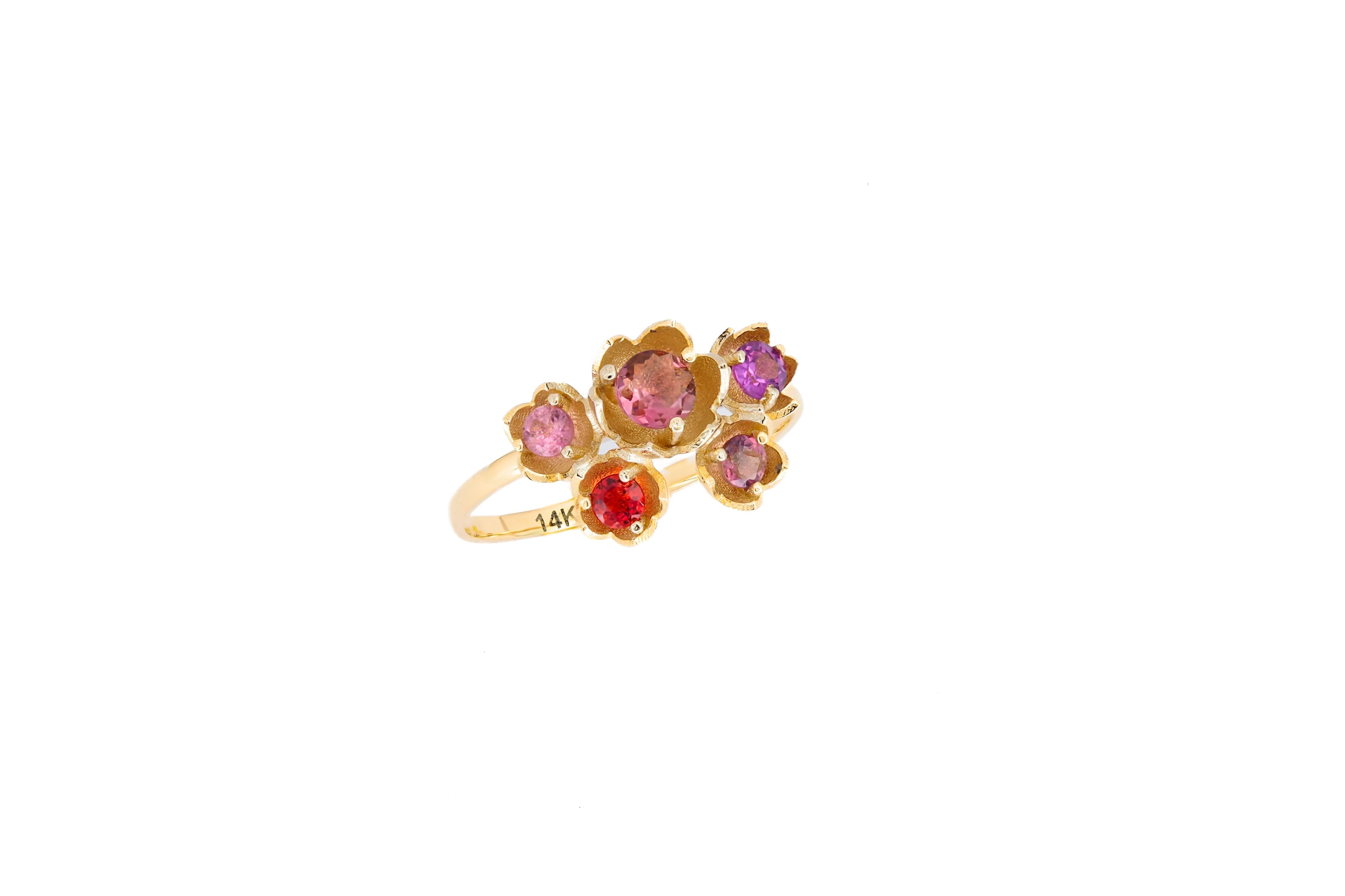 For Sale:  14 karat gold Blossom ring with multicolored gemstones. Pink Tourmaline ring 7