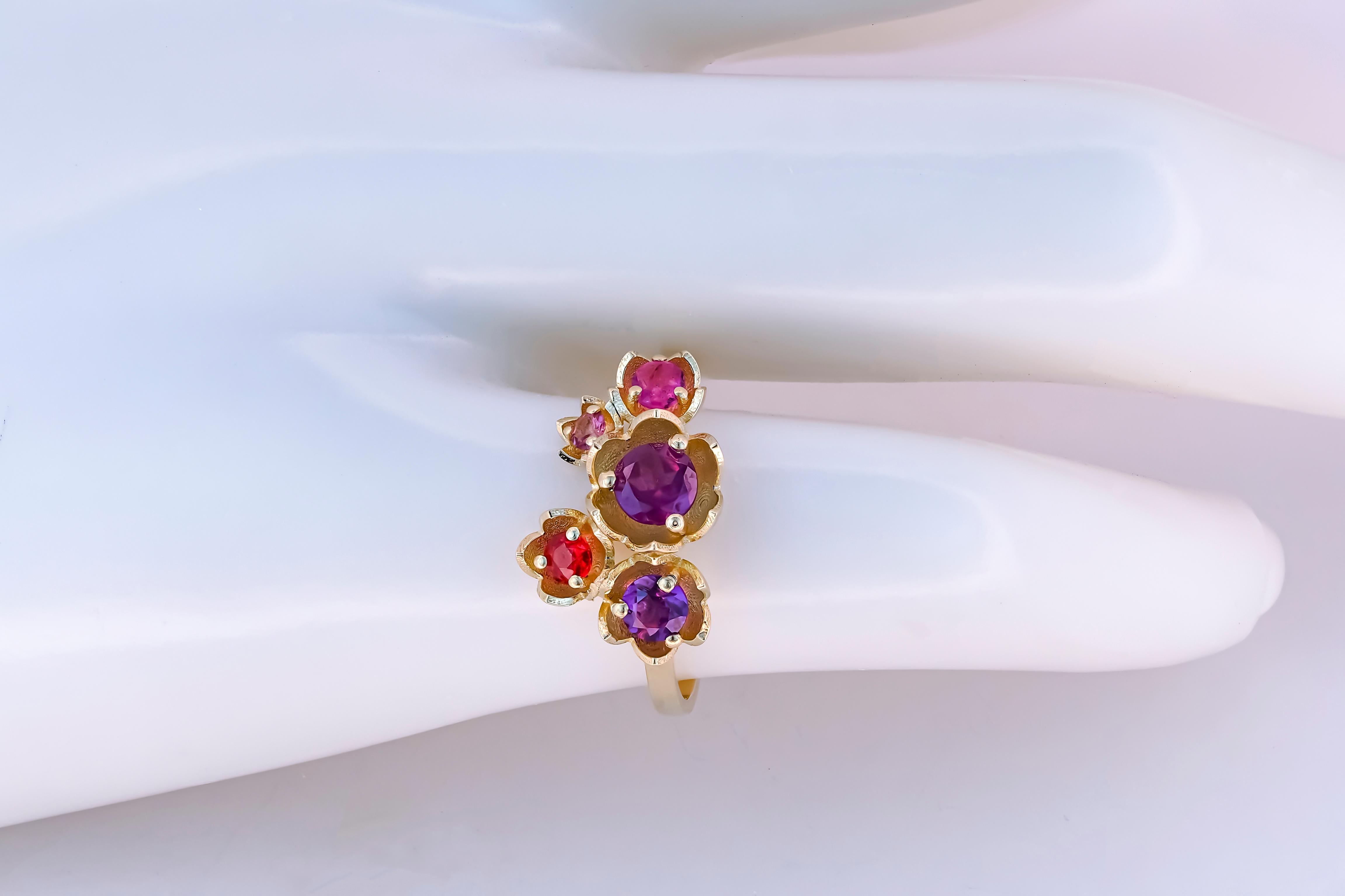 14 Karat Gold Blossom Ring with Multicolored Gemstones, Pink Tourmaline Ring 1