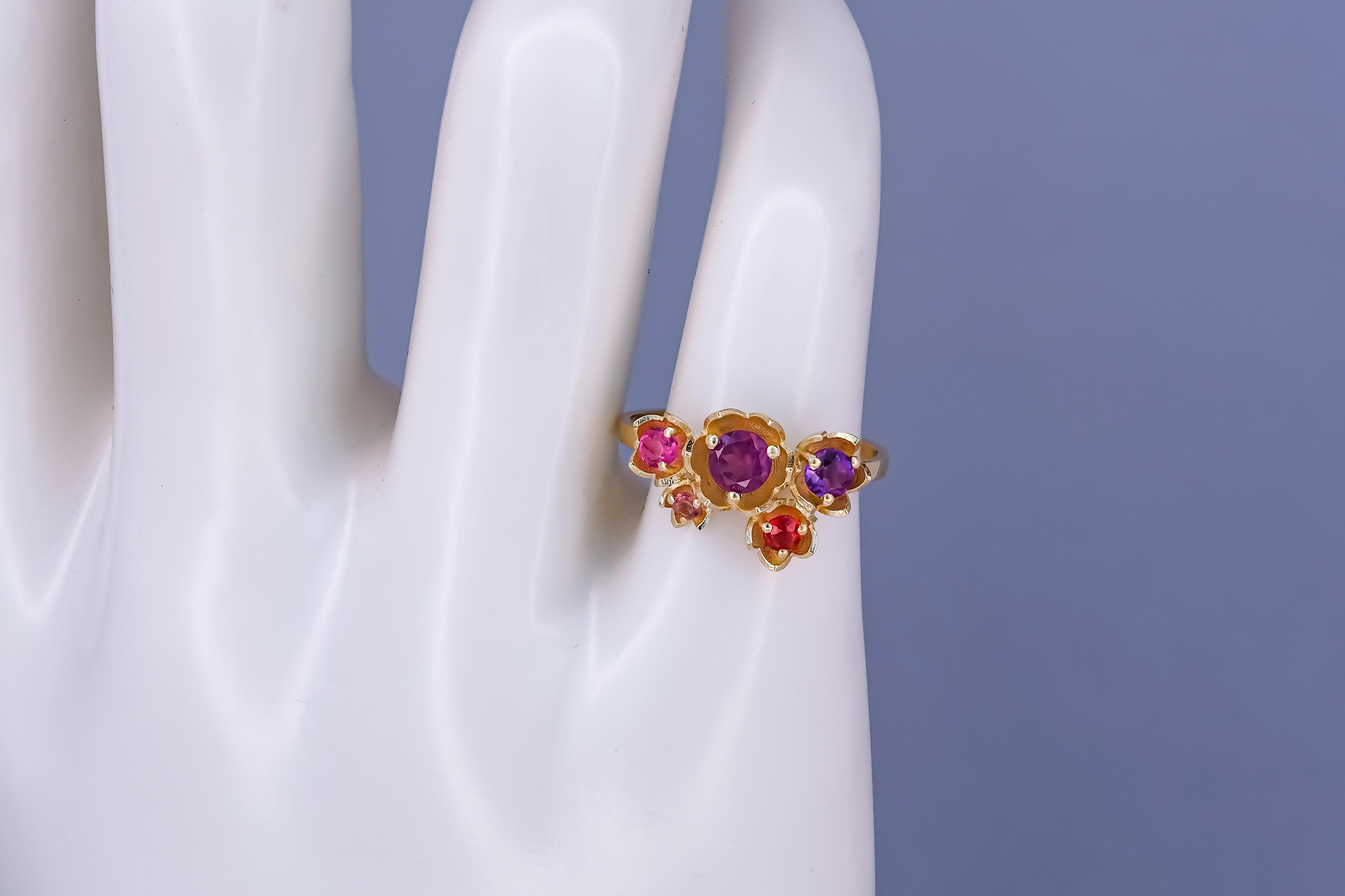 14 Karat Gold Blossom Ring with Multicolored Gemstones, Pink Tourmaline Ring 2