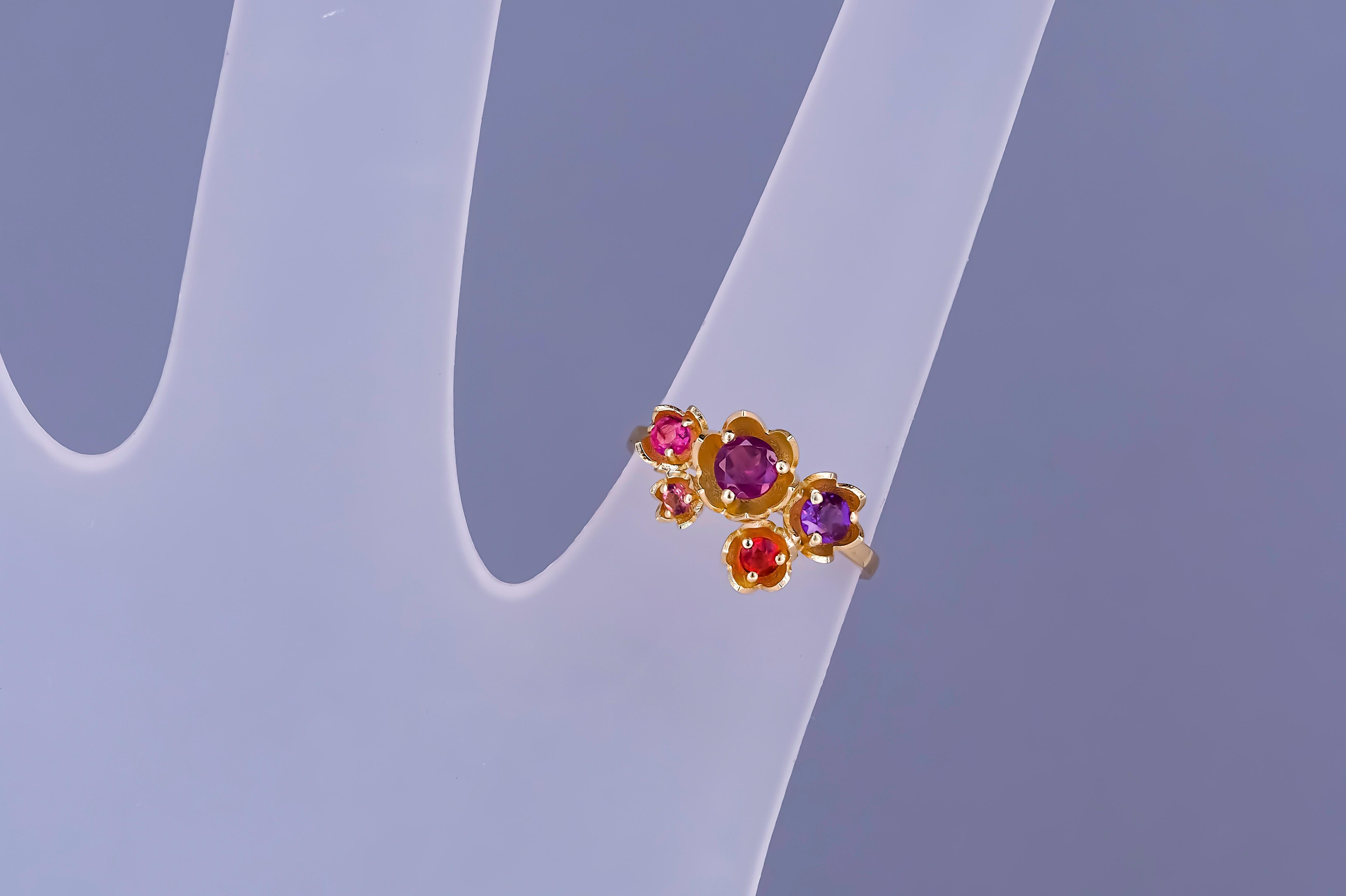 14 Karat Gold Blossom Ring with Multicolored Gemstones, Pink Tourmaline Ring 3
