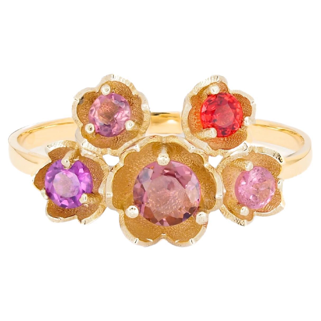 Bague fleur en or 14 carats avec des pierres précieuses multicolores. Bague en tourmaline rose