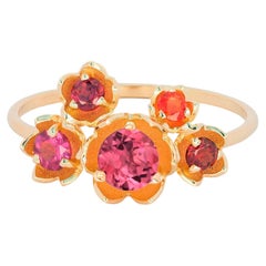 14 Karat Gold Blossom Ring with Multicolored Gemstones, Pink Tourmaline Ring