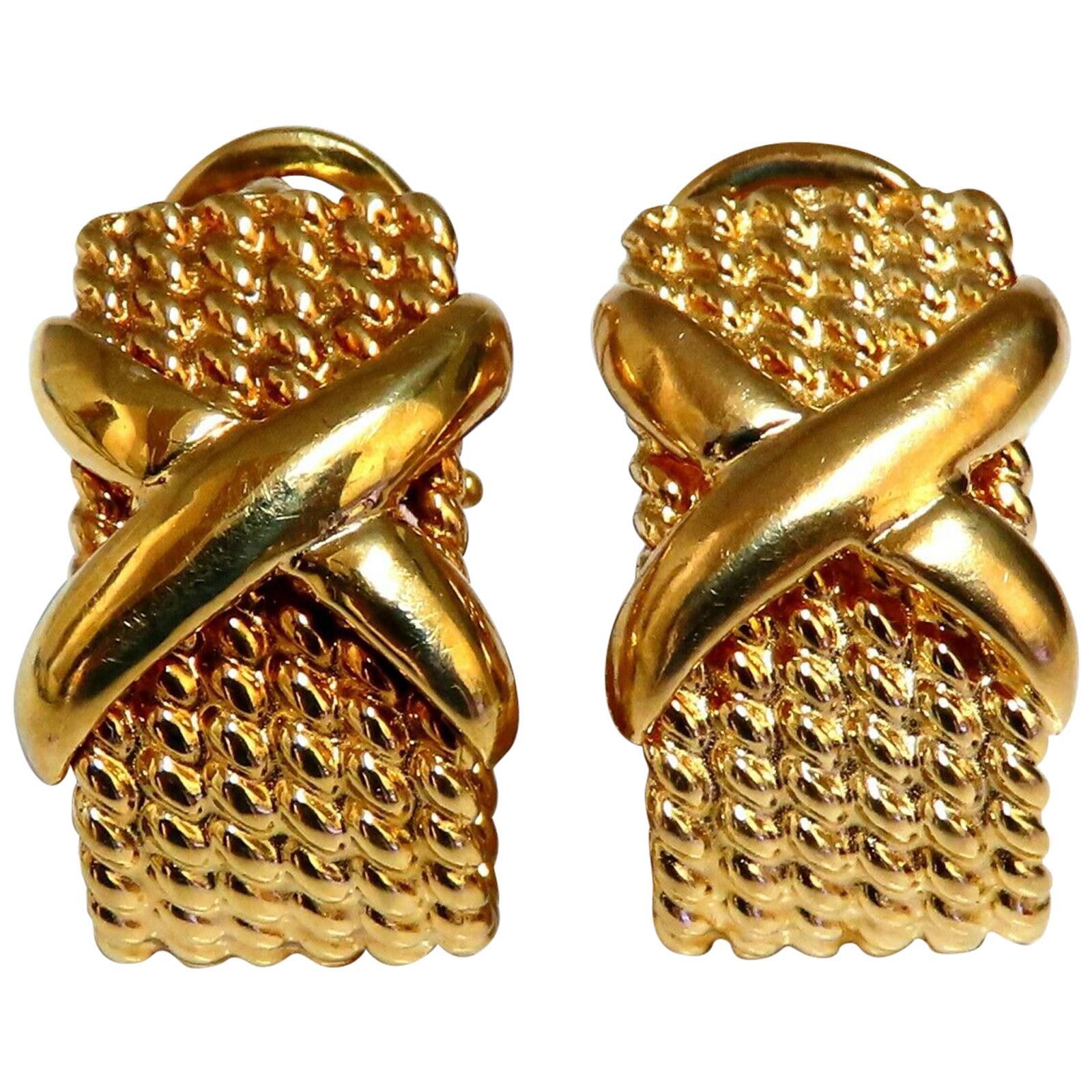 14 Karat Gold Braid Semi Hoop X-Clip Earrings For Sale
