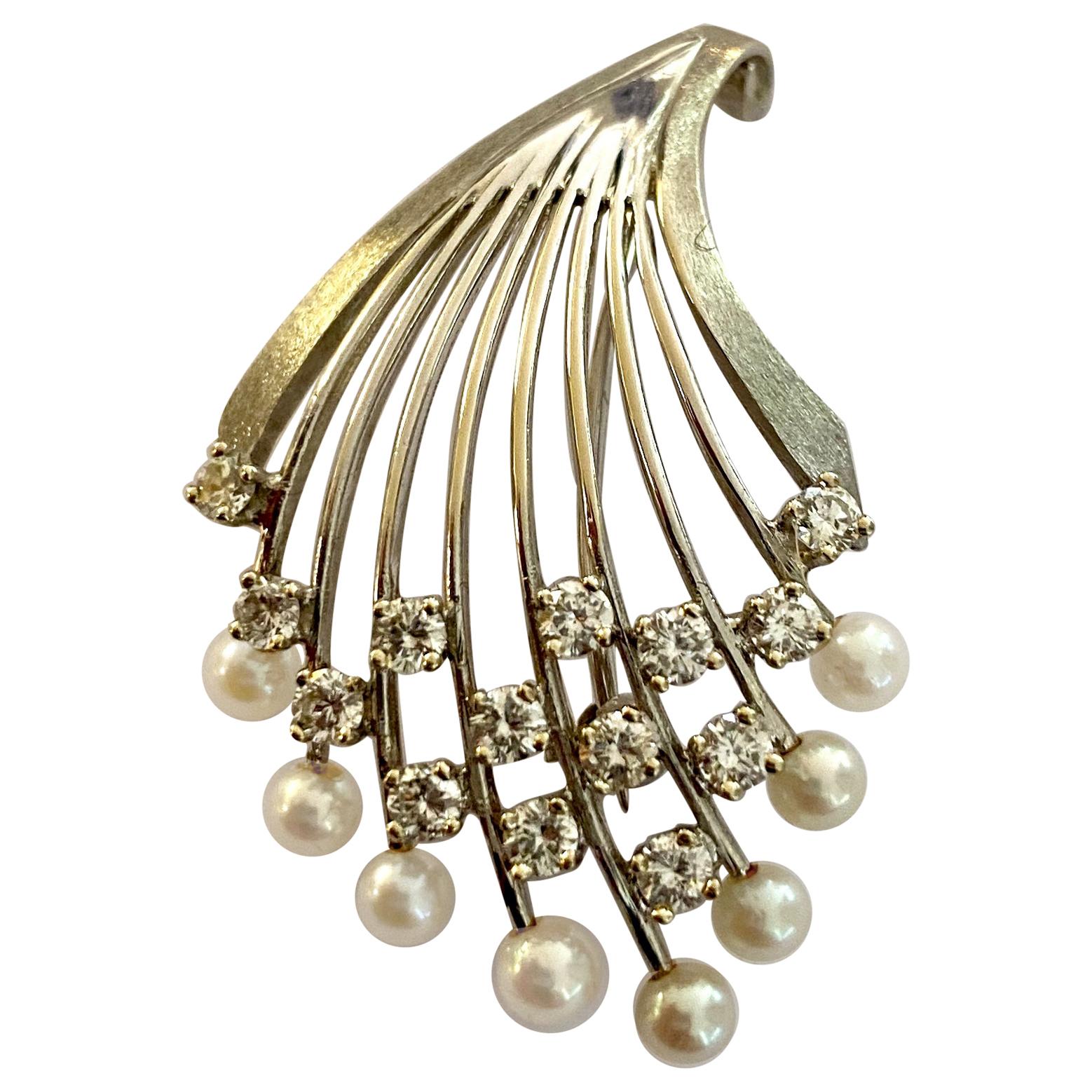 Akoya Pearl and Diamond White Gold Brooch For Sale at 1stDibs