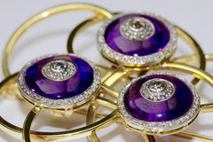 14 Karat Gold Brooch with Amethysts and Diamonds, Art Deco Style