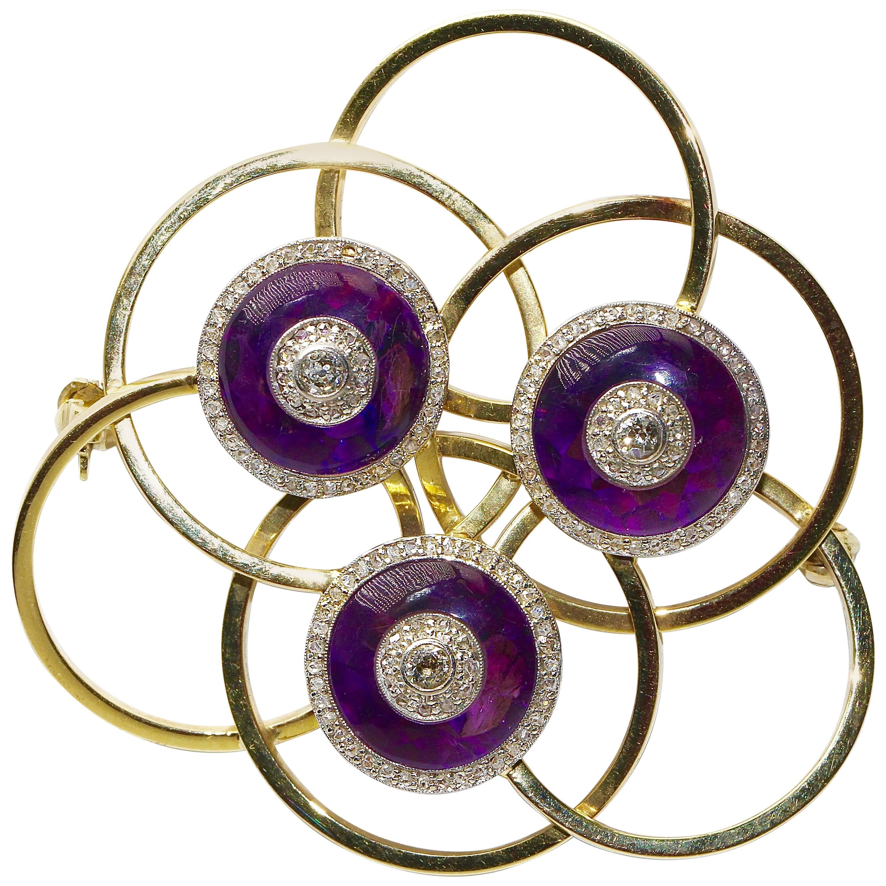 14 Karat Gold Brooch with Amethysts and Diamonds, Art Deco Style