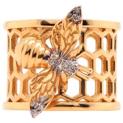 14 Karat Gold Bumble Bee Honeycomb and Diamond Cocktail Ring 14 Karat Gold