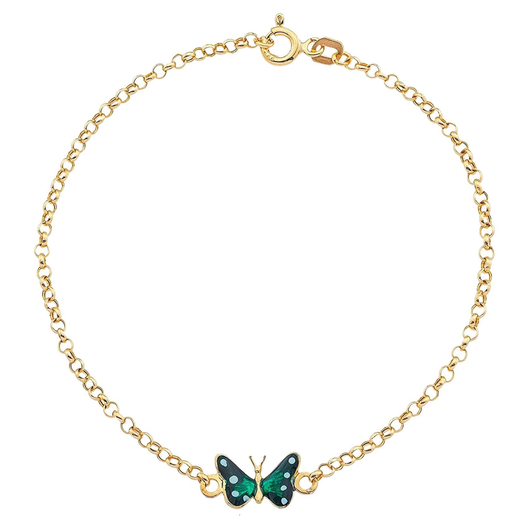 14 Karat Gold Butterfly Charm Bracelet, Enamel Butterfly Bracelet in 14k Gold For Sale