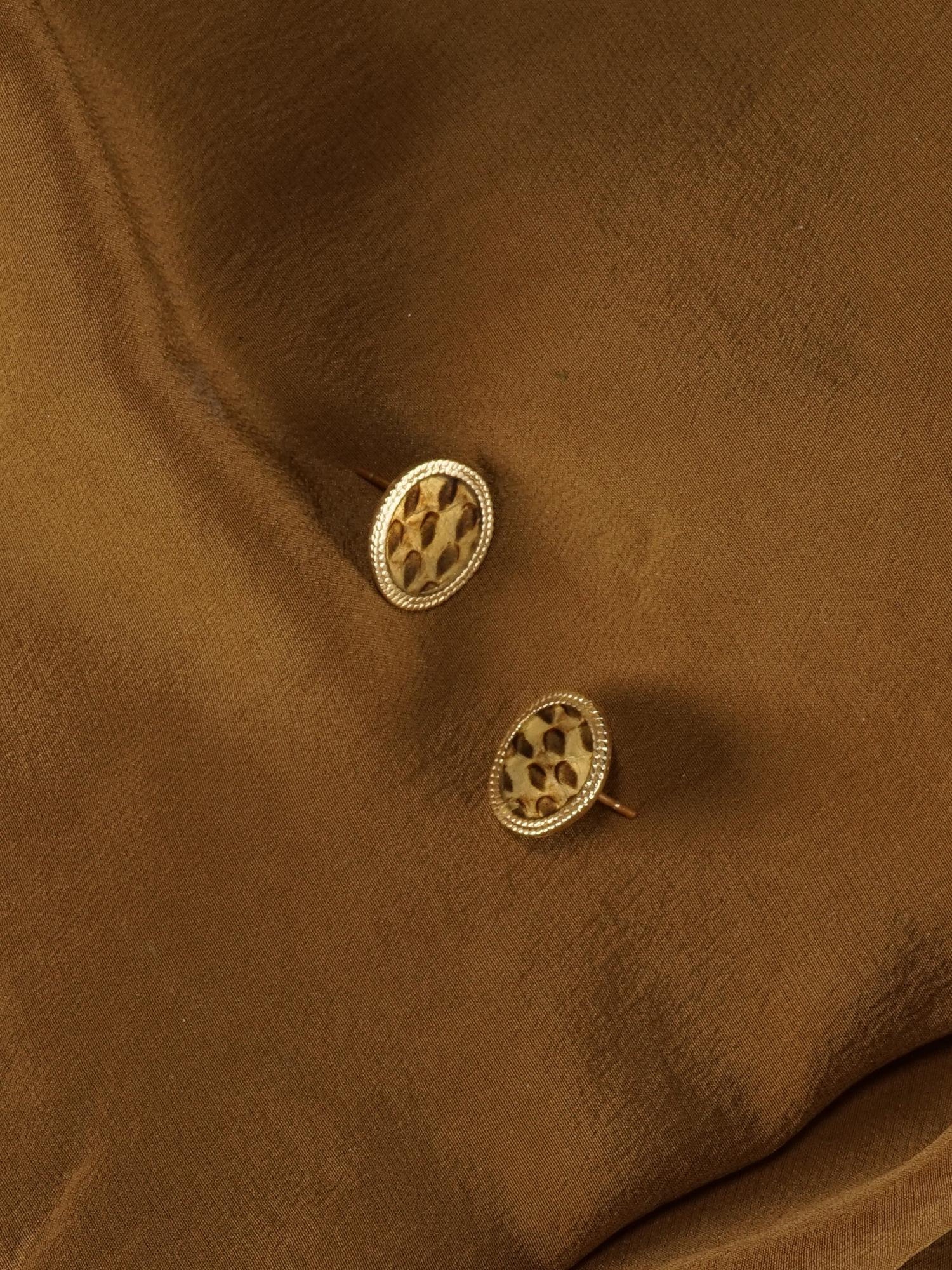 Women's 14 Karat Gold Byzantine Inspired Stud Earrings with Vintage Anaconda Leather For Sale