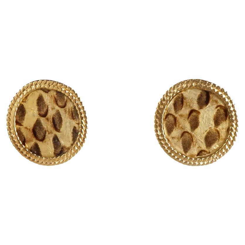 14 Karat Gold Byzantine Inspired Stud Earrings with Vintage Anaconda Leather For Sale