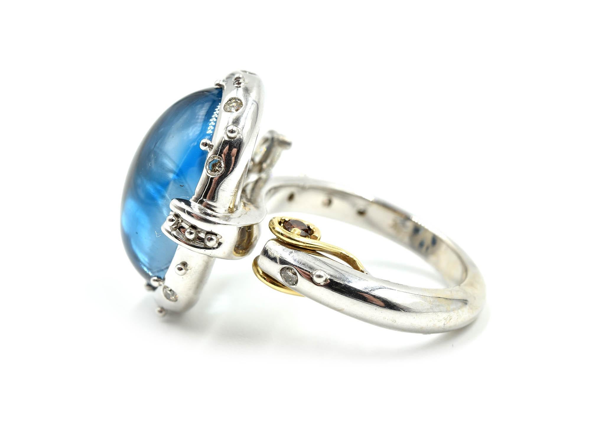 Modern 14 Karat Gold Cabochon Blue Topaz with Cognac and White Diamond Accents Ring