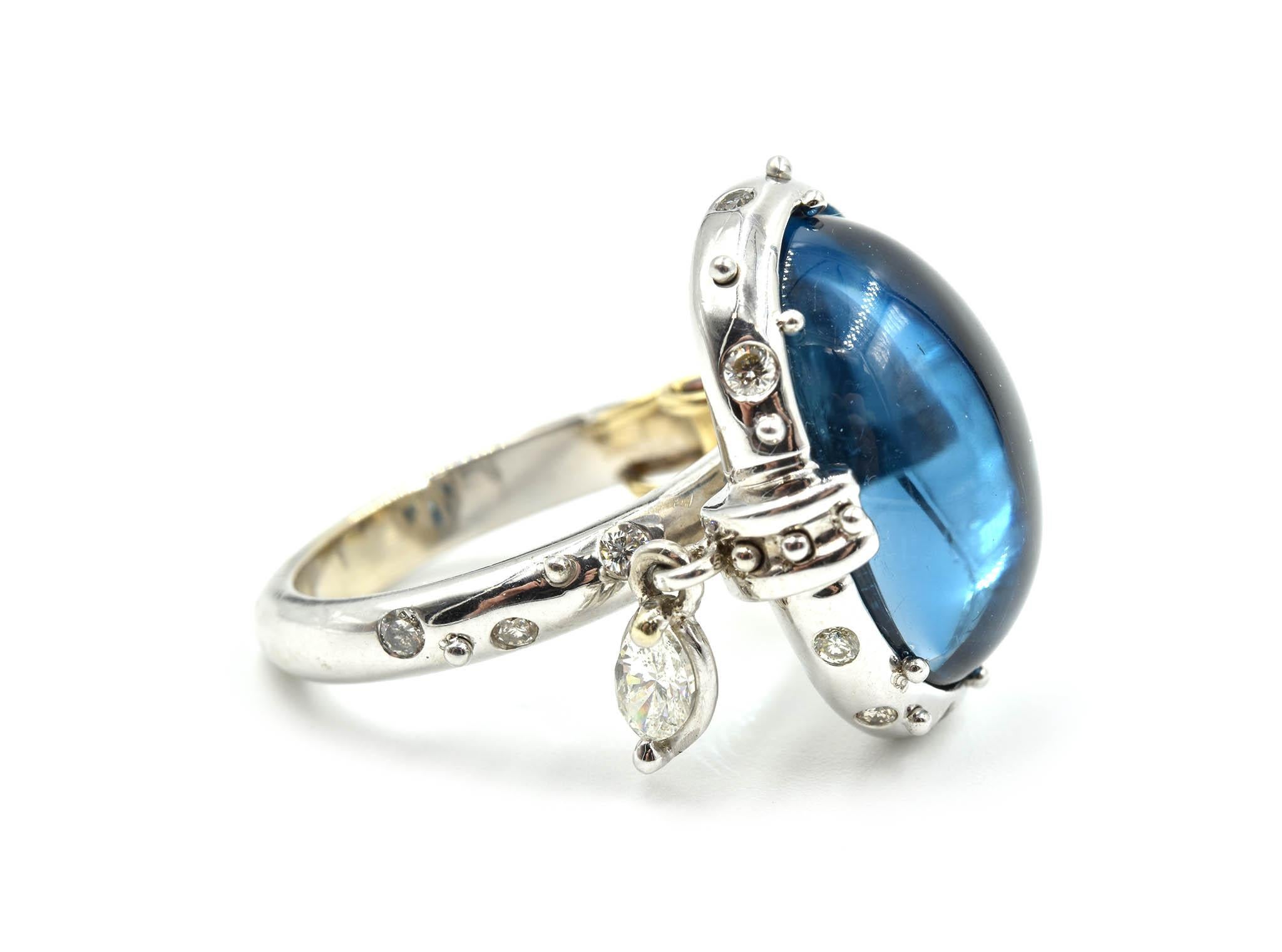 14 Karat Gold Cabochon Blue Topaz with Cognac and White Diamond Accents Ring In Excellent Condition In Scottsdale, AZ