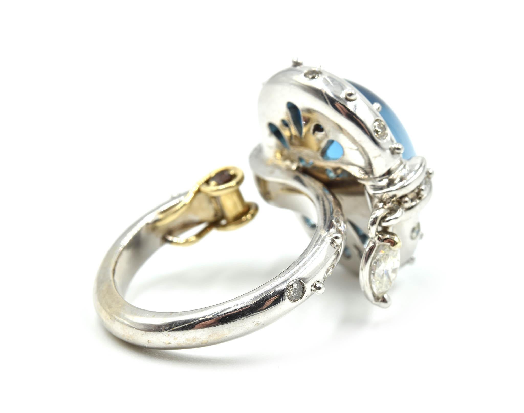Women's or Men's 14 Karat Gold Cabochon Blue Topaz with Cognac and White Diamond Accents Ring