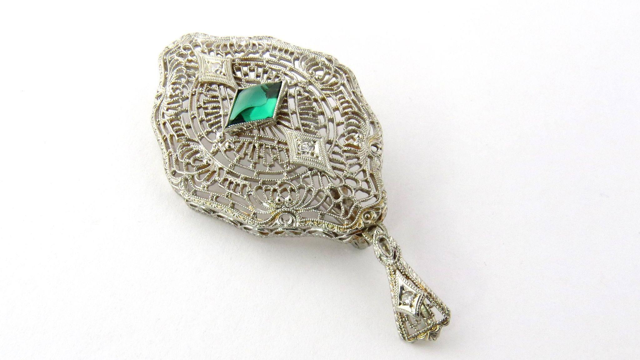 Vintage 14K White Gold Cabochon Emerald Green Glass Stone and Diamond Filigree Pendant / Brooch 

Pendant hangs 2