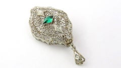 14 Karat Gold Cabochon Emerald Green Glass Stone and Diamond Filigree Pendant