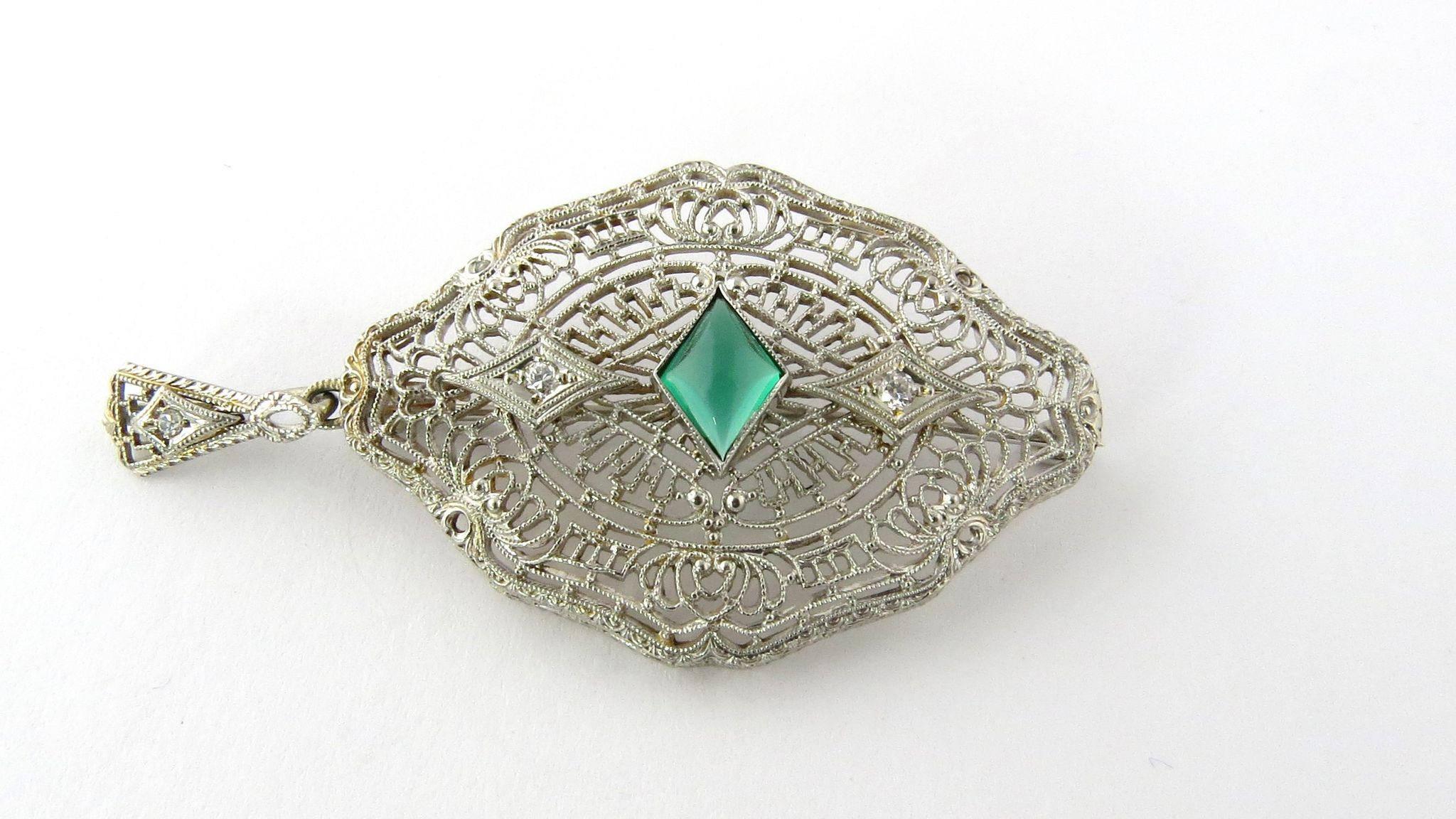 Women's 14 Karat Gold Cabochon Emerald Green Glass Stone and Diamond Filigree Pendant