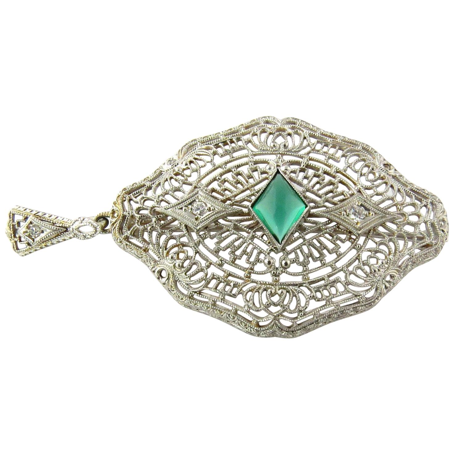 14 Karat Gold Cabochon Emerald Green Glass Stone and Diamond Filigree Pendant