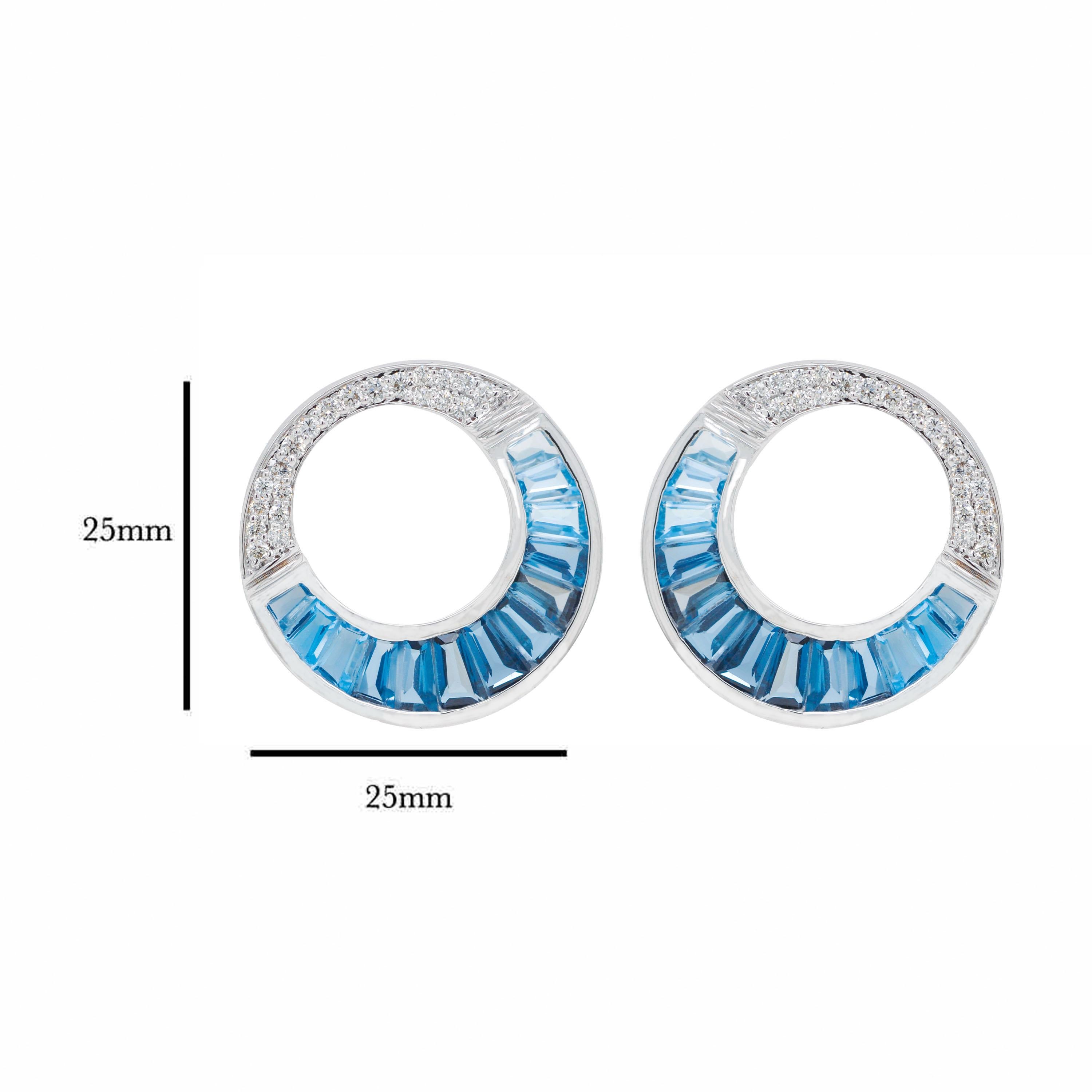 14 Karat Gold Calibre Cut Blue Topaz Baguette Diamond Circular Stud Earrings (Baguette-Treppenschliff) im Angebot