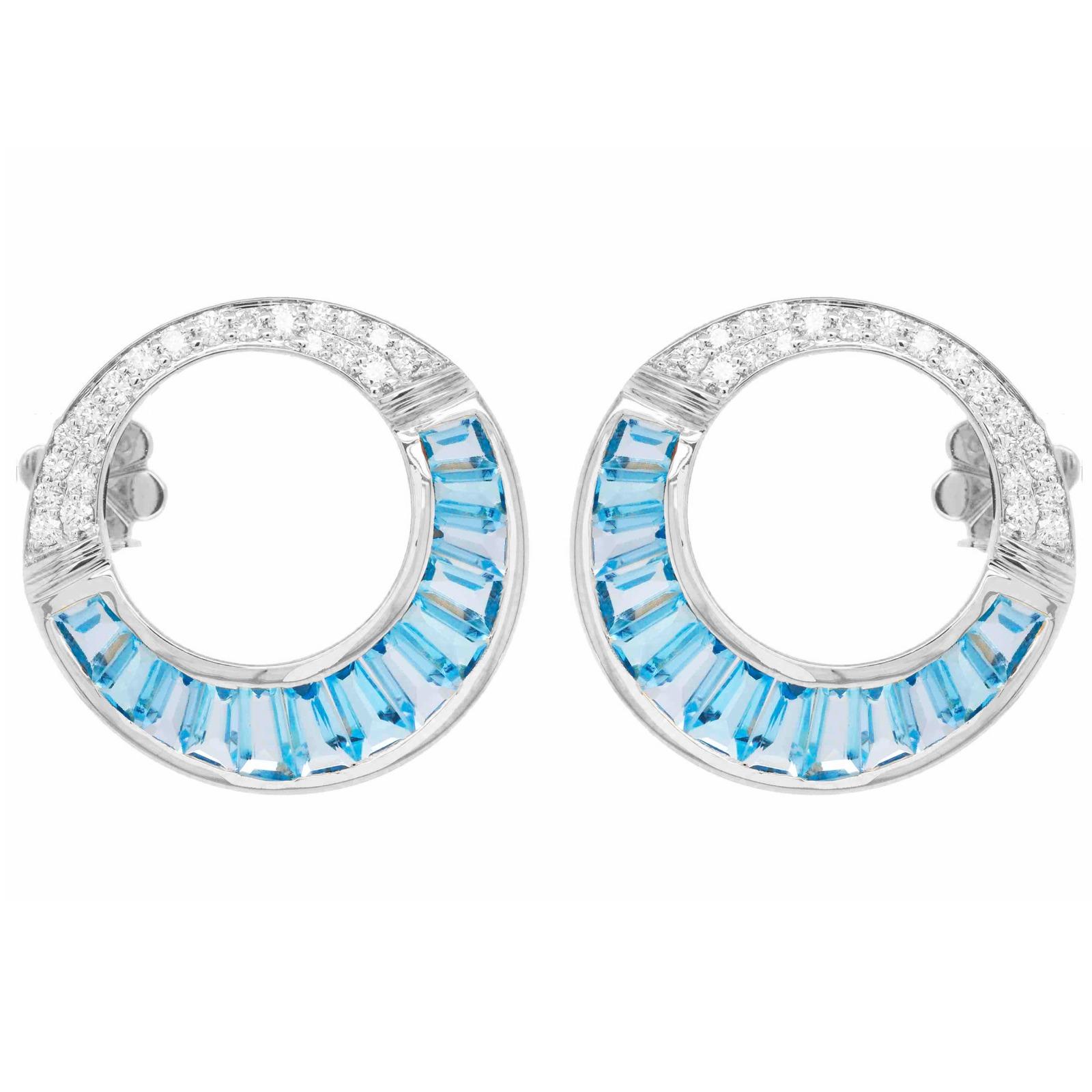 14 Karat Gold Calibre Cut Blue Topaz Baguette Diamond Circular Stud Earrings im Angebot 2