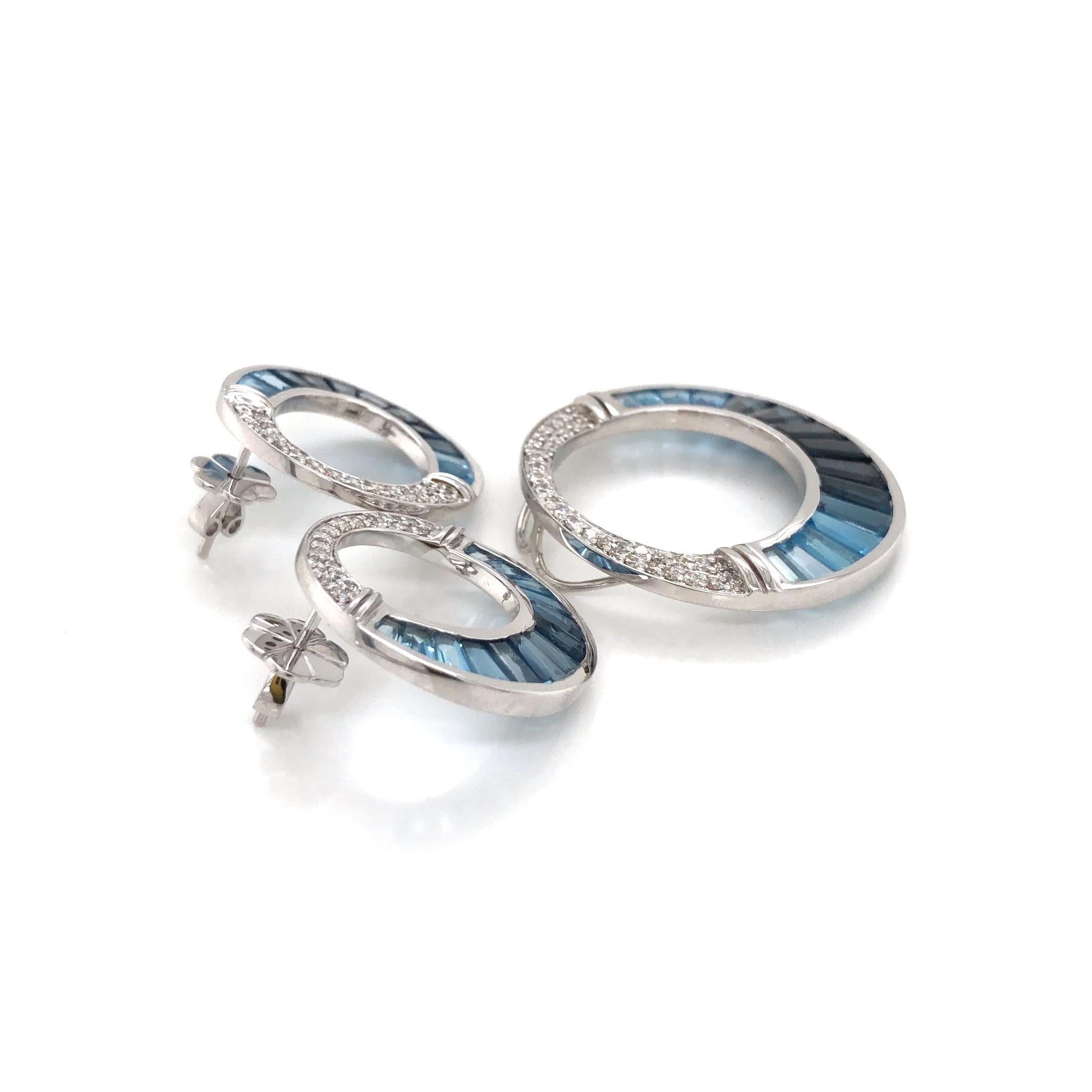 14 Karat Gold Calibre Cut Blue Topaz Diamond Hand-Crafted Earring Pendant Set Damen im Angebot