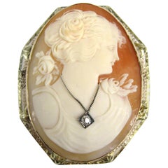 14 Karat Gold Cameo Brooch Diamond Pendant