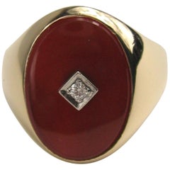 14 Karat Gold Carnelian Signet Ring Diamond Center Midcentury Unisex