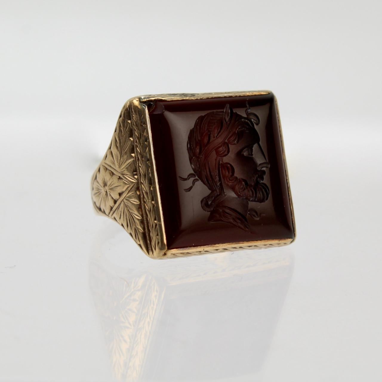14 Karat Gold Carved Carnelian Intaglio Signet Ring with a Roman Bust 6