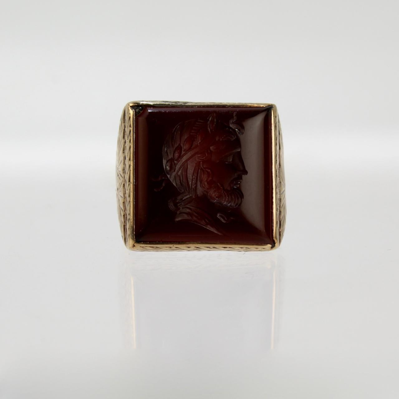 Etruscan Revival 14 Karat Gold Carved Carnelian Intaglio Signet Ring with a Roman Bust