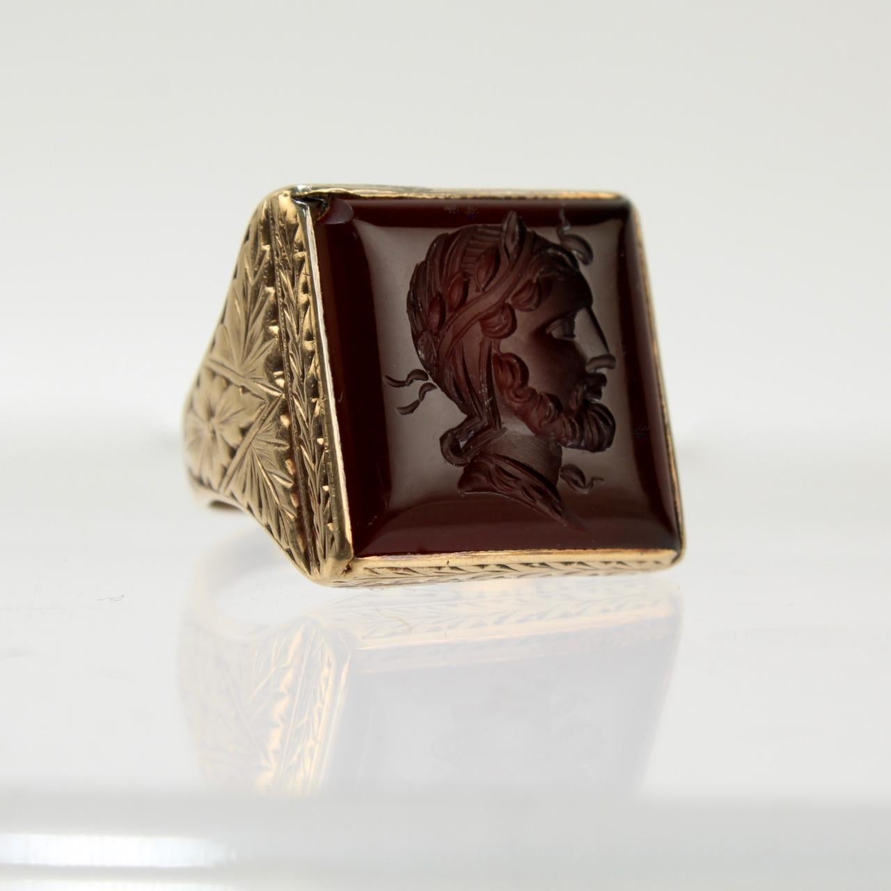 Cabochon 14 Karat Gold Carved Carnelian Intaglio Signet Ring with a Roman Bust