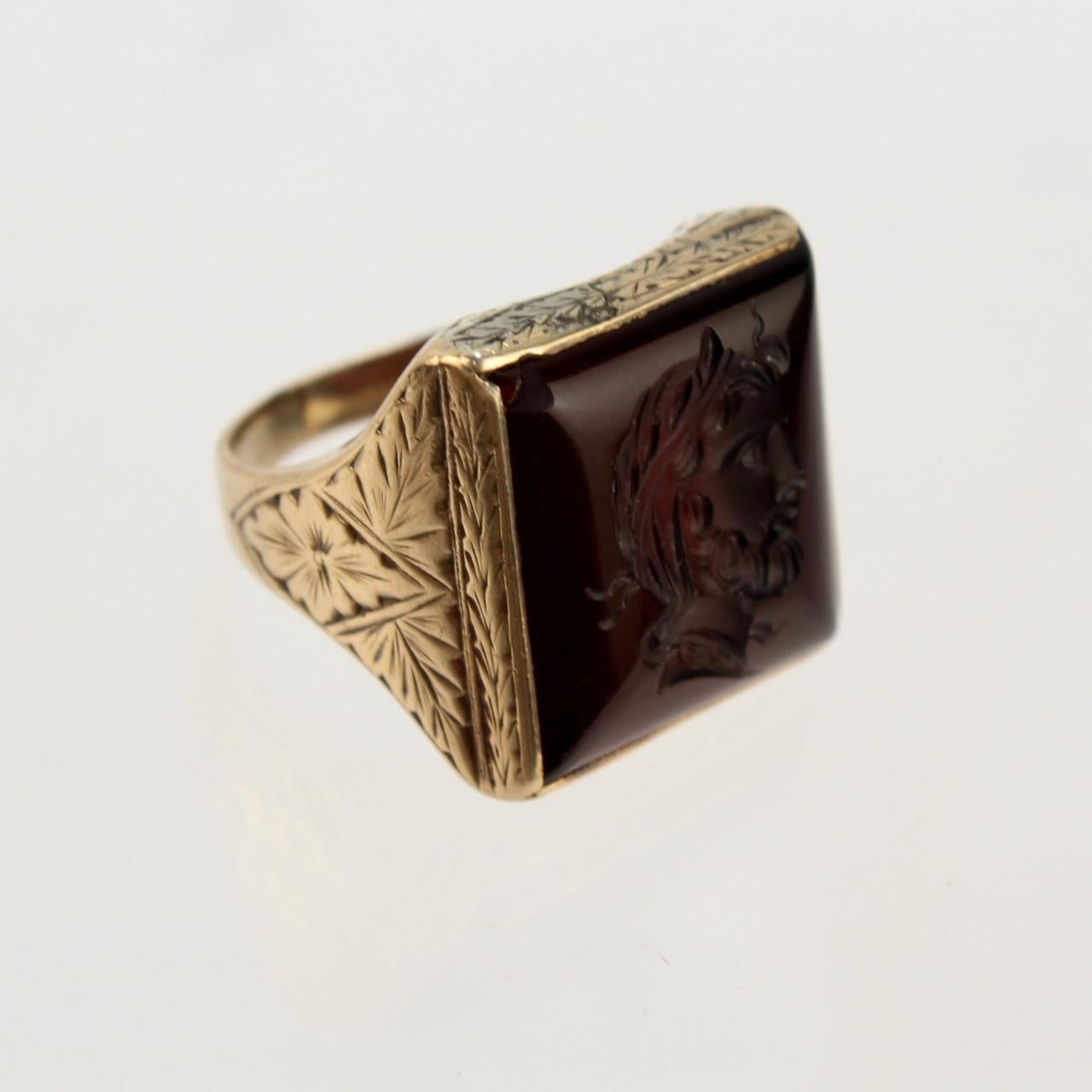 14 Karat Gold Carved Carnelian Intaglio Signet Ring with a Roman Bust In Fair Condition In Philadelphia, PA